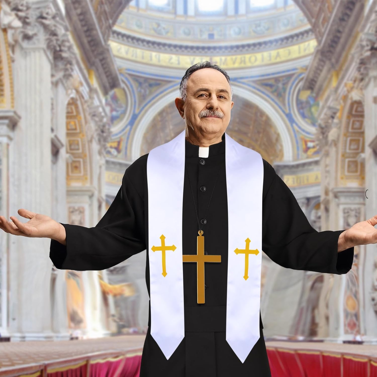 Halloween Priest Costume Include Priest Robe,Priest Stole and Cross Necklace for Men Exorcist Party Dress Up - Image 6