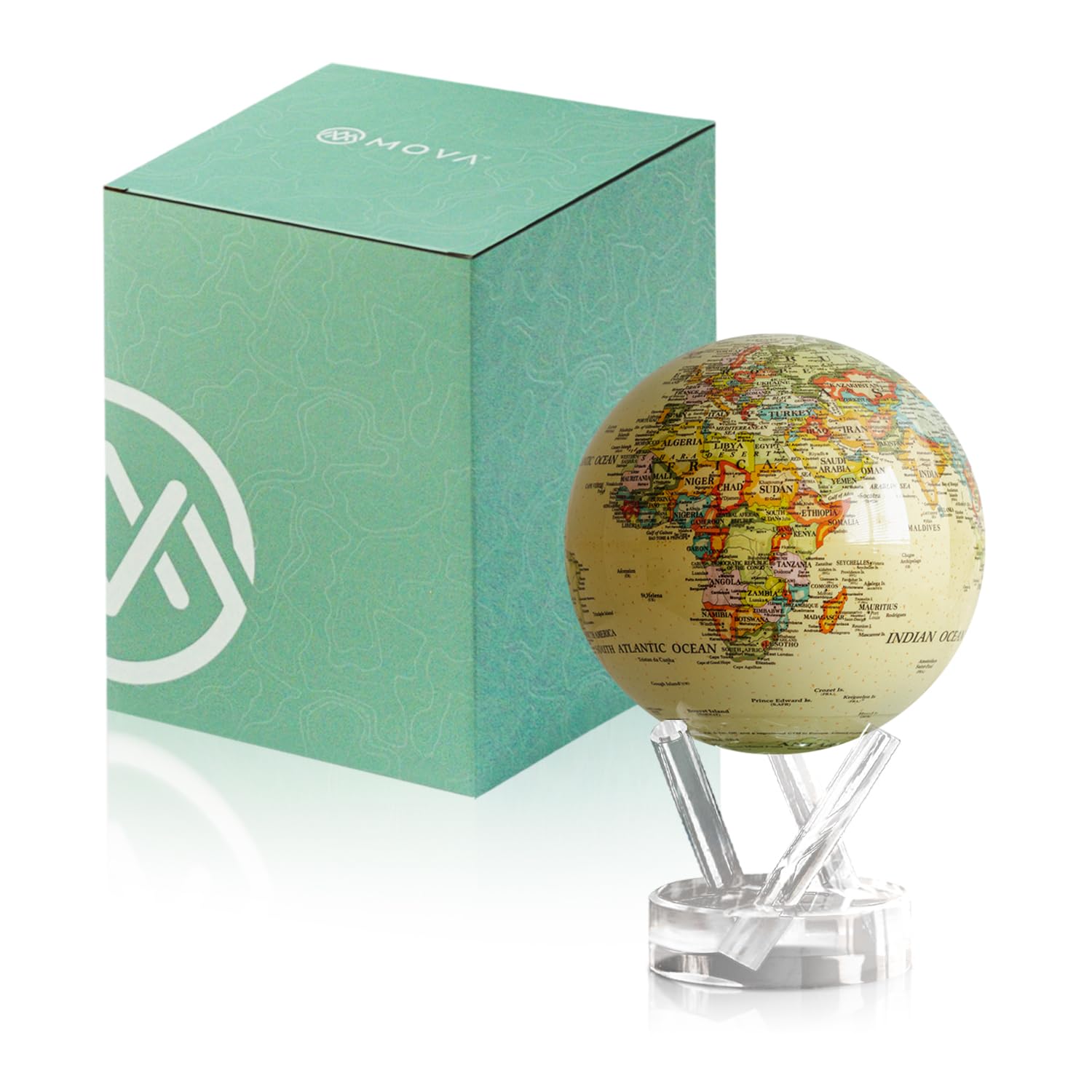 MOVA Globe - Antique Yellow Political Map Prestige (8.5") | Vintage-Style Rotating Globe Powered by Light | No Batteries or Cords | Antique World Map for Home or Office Decor