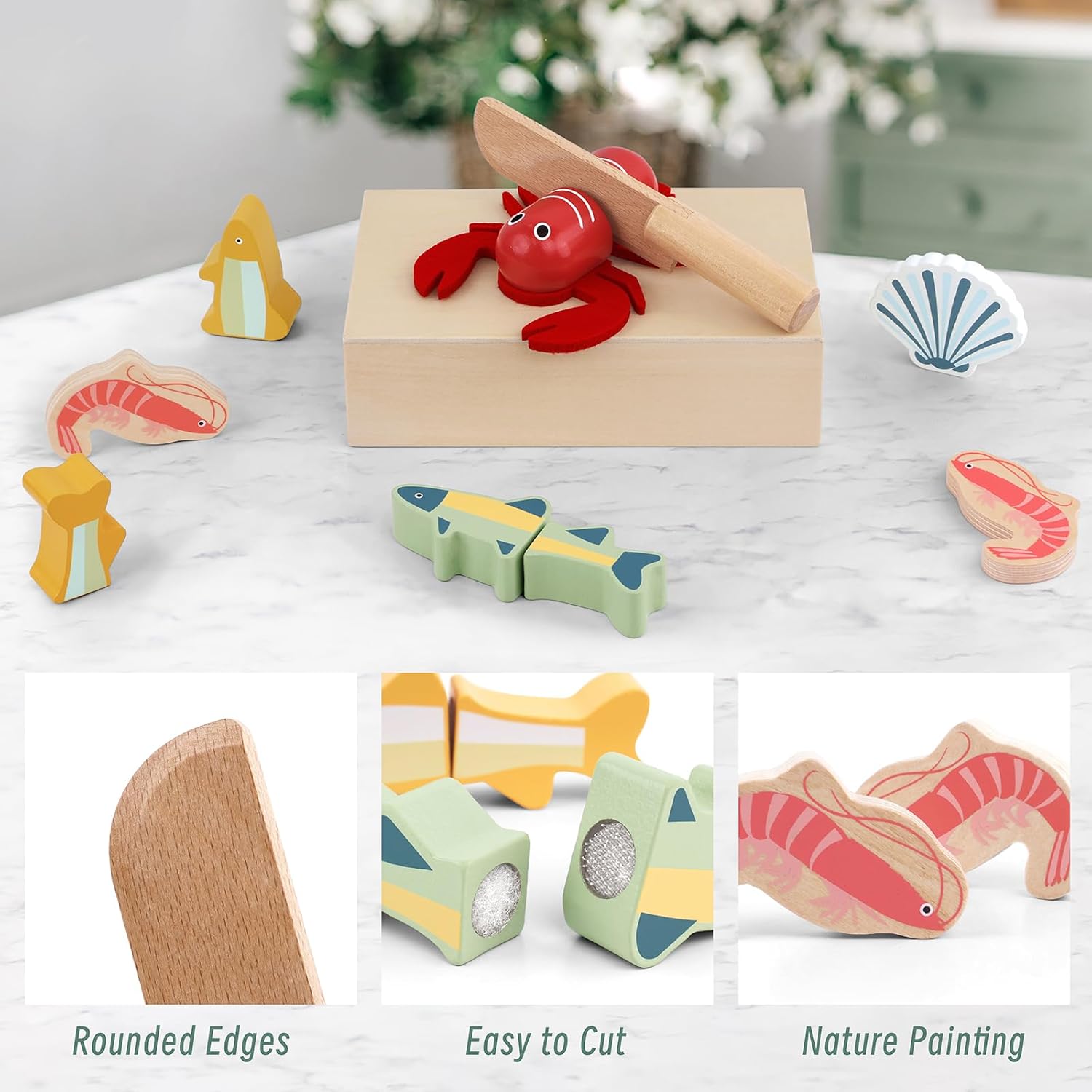 PairPear Wooden Play Food Cutting Seafood Set - Toddlers Wooden Toy Food Pretend Play Kitchen Accessories for 3 Years Old Boys Girls Early Education Toys Gift