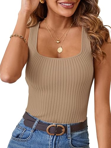 MEROKEETY Womens Summer Casual Ribbed Knit Square Neck Basic Tank