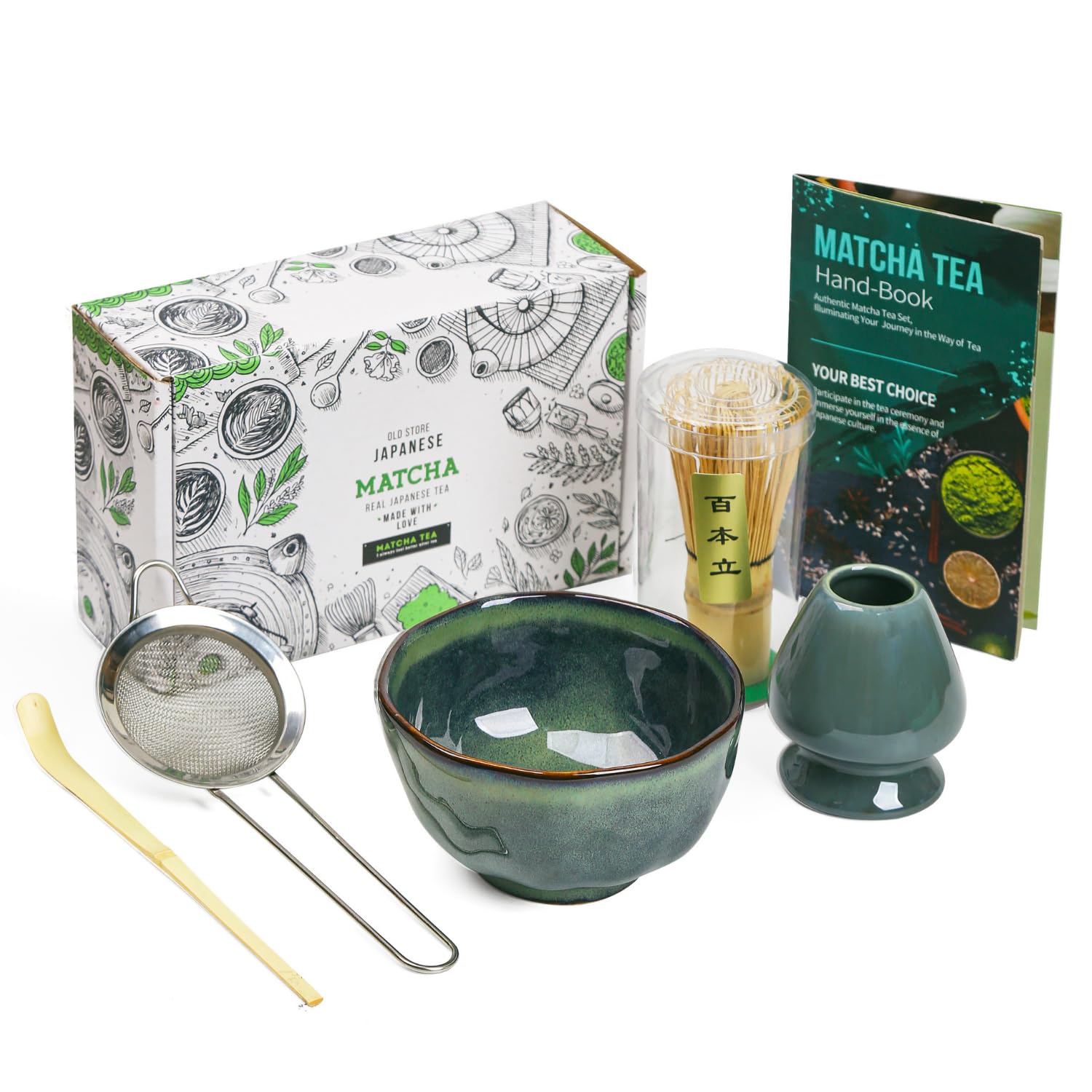 Japanese Matcha Tea Set of 5, Matcha Whisk Set including 100 Prong Whisk, Whisk Holder,Traditional Scoop
