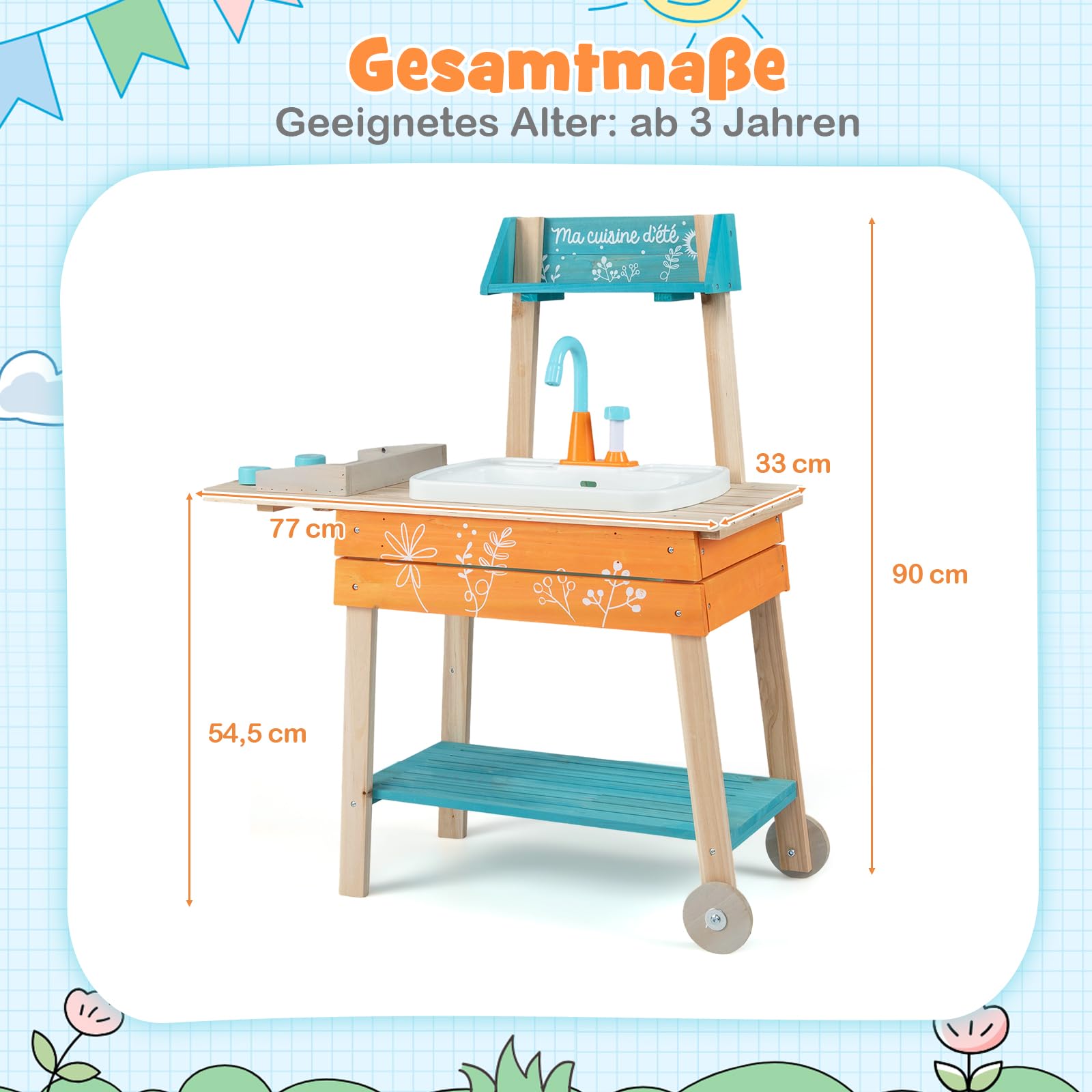 COSTWAY Matschküche Kinder Outdoor, Kinderküche Holz inkl. Spülbecken mit Wasserpumpfunktion, Gartenspielküche mit Grillrost, Outdoorküche für Kinder