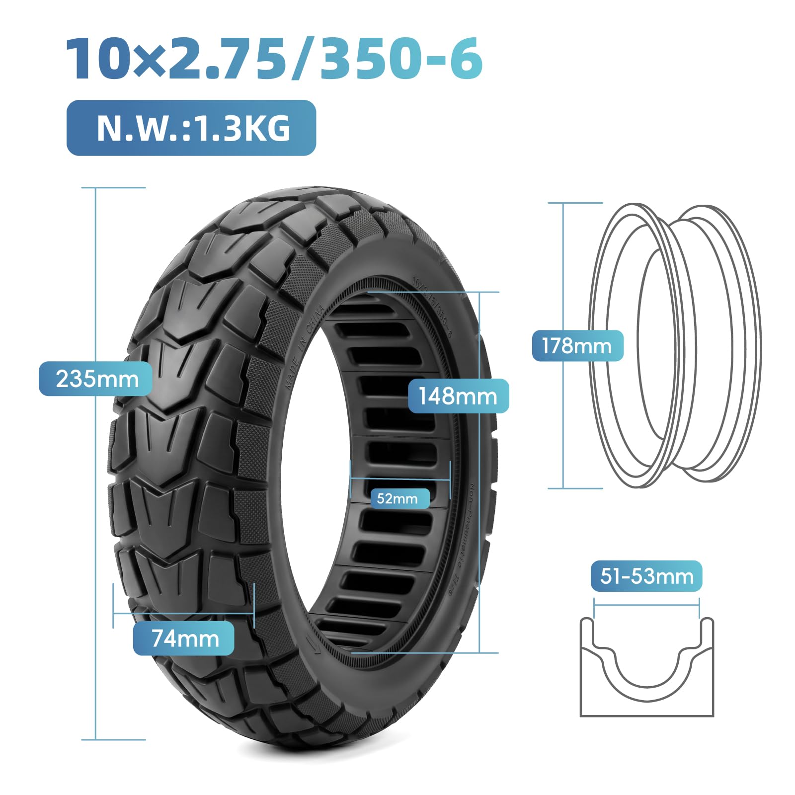 10x2,75-6,5 Pneus pleins pour KuKirin G3/G3 Pro, Smartgyro Speedway/Rockway/Crossover, Hitway H5/H5 Pro/HB24/HB24 trottinettes électriques 10 pouces Pneus en caoutchouc plein hautement