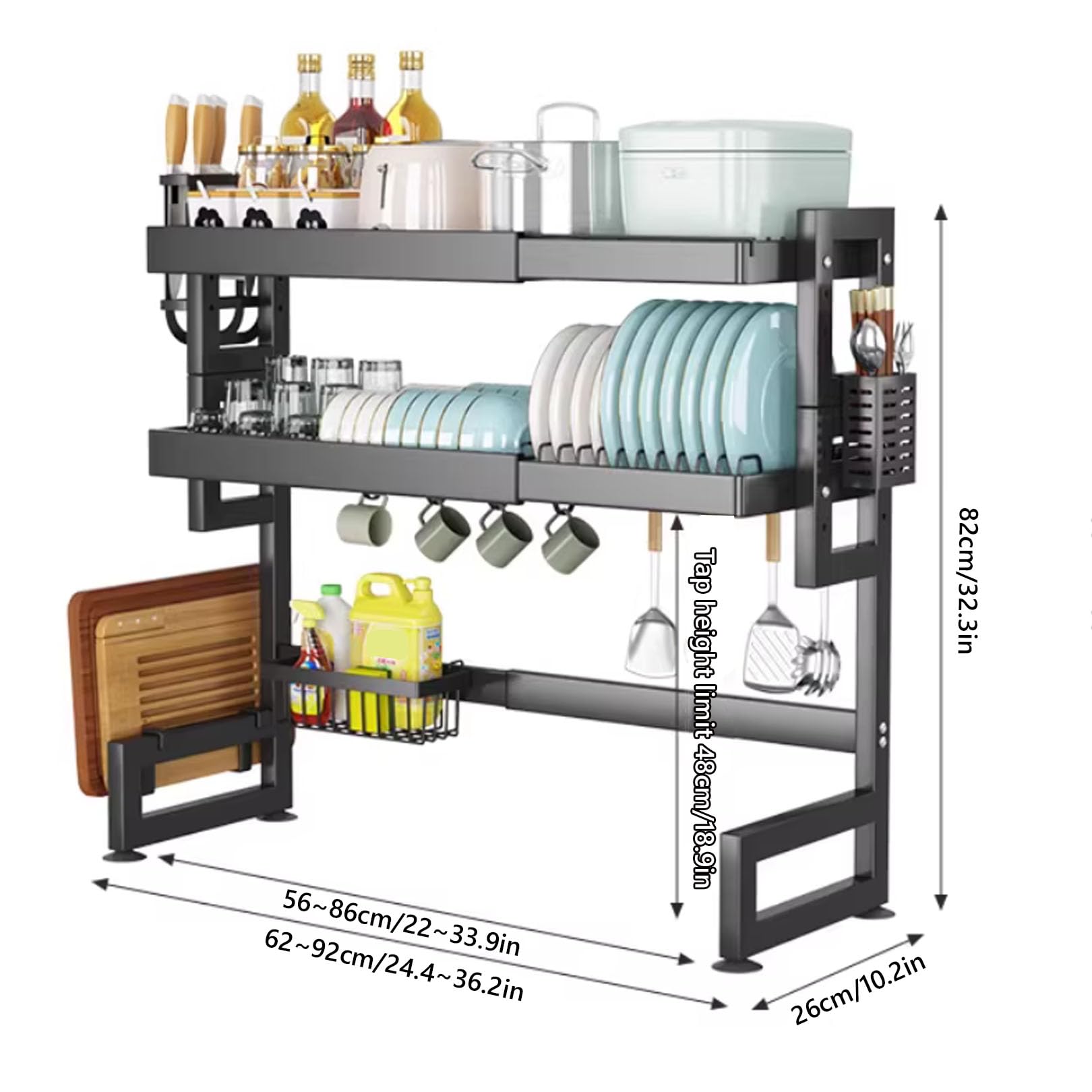 Escurridor para platos sobre el fregadero, 3 niveles de gran capacidad ajustable (62 cm - 92 cm / 24.4in), estante extensible sobre el fregadero con soporte para utensilios