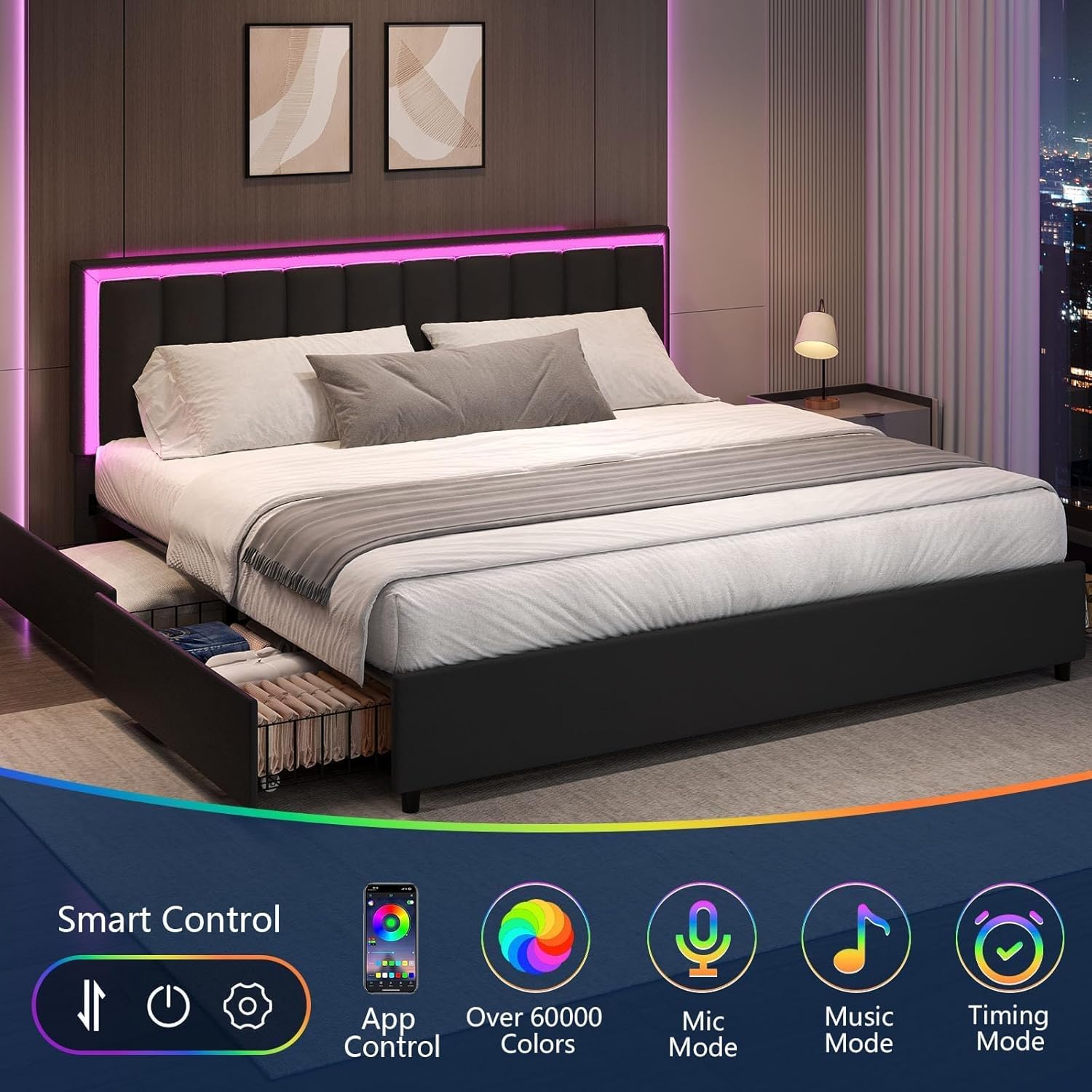 IMMERSTABLE King Size Bed Frame with 4 Storage Drawers, Upholstered Bed Frames with Headboard, RGB LED Lights, Heavy Duty Metal and Wood Slat Support, No Box Spring Needed, Easy Assembly, Black