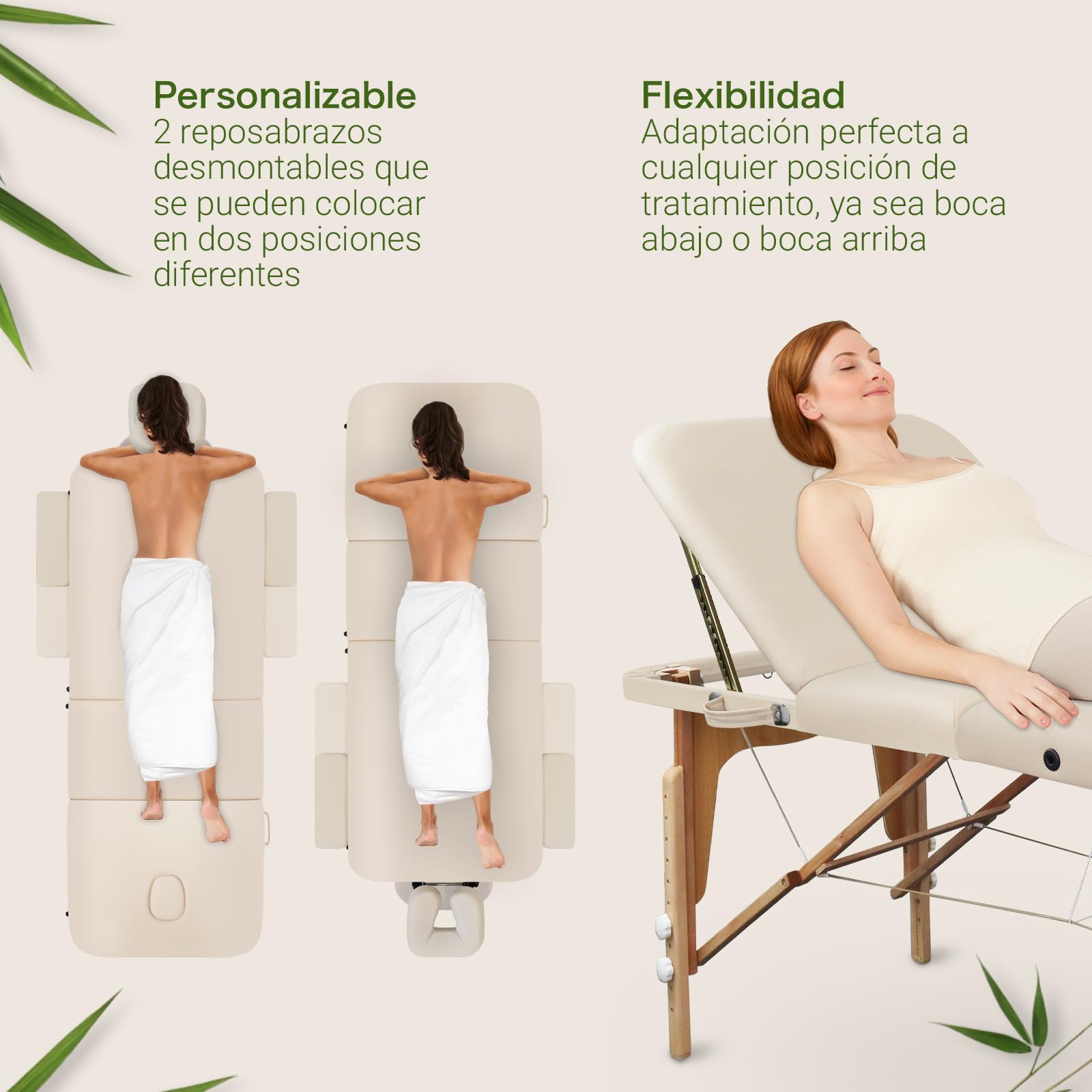 MASSUNDA All - Tumbona de Masaje Plegable y de Altura Regulable de Madera Maciza, Mesa de cosméticos móvil con Funda de Rizo, reposabrazos y Respaldo, cojín Cervical, reposacabezas ergonómico