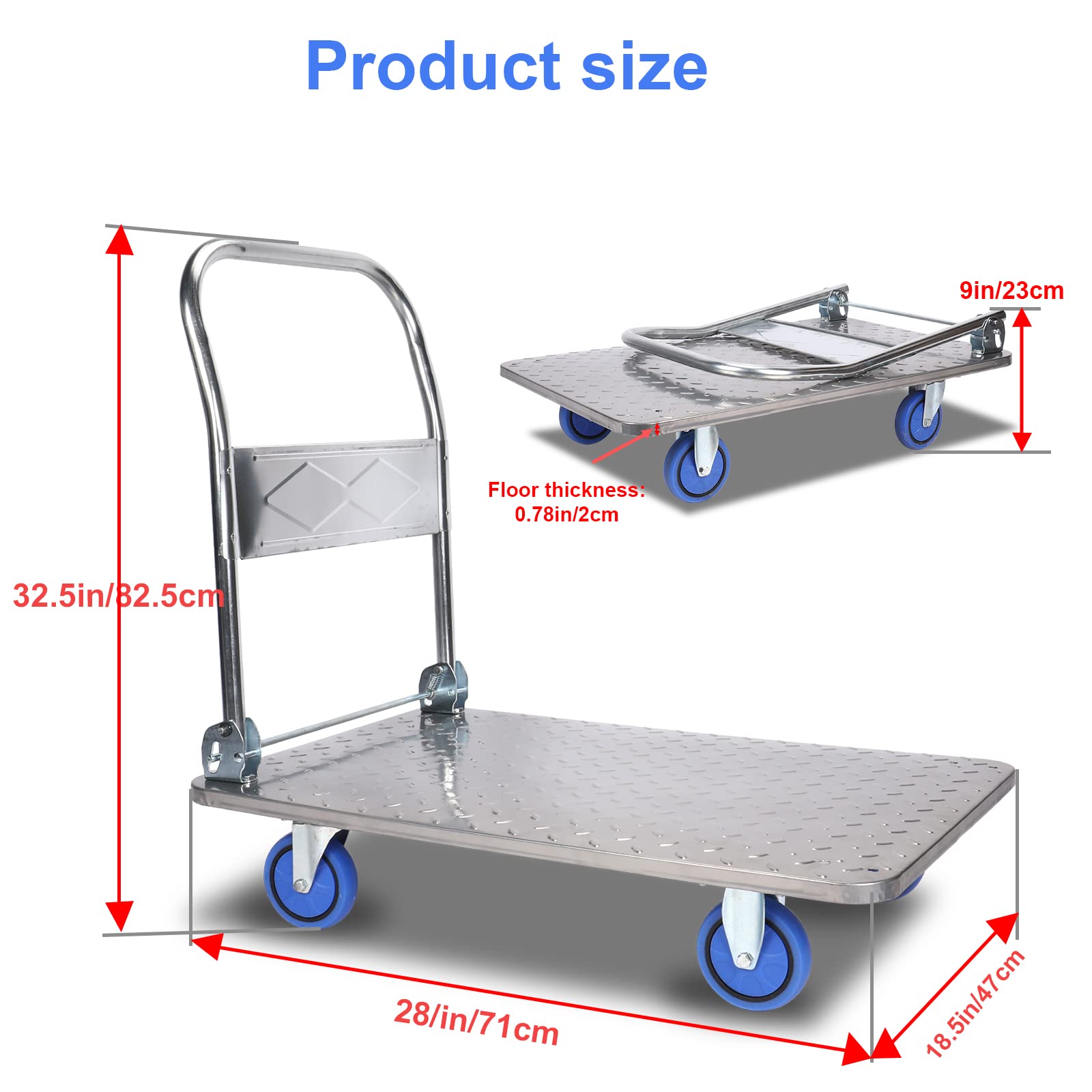 Klappbar Meister Plattformwagen, Faltbarer Plattform-Trolley, Sackkarre, 150 kg Tragkraft, 83 x 70 x 46 cm, für Lager (Silber-GB-S)