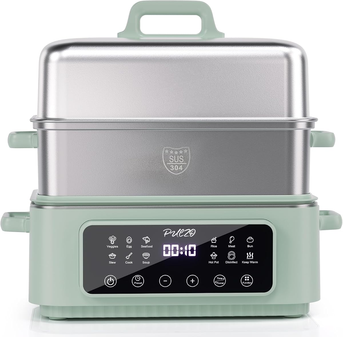 PULZO 18QT Electric Food Steamer for Cooking, Vegetables Steamer with 2-Tier 304 Stainless Steel Trays, 12 Presets, 24H Preset Timer, Multi-Function Steam Cooker for Veggies, Seafood Rice, BPA-Free