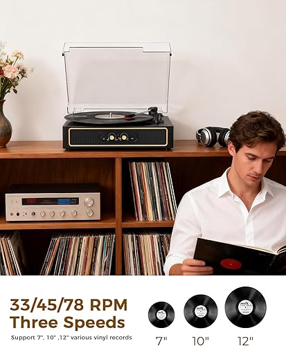 Miniatura 3 de Tocadiscos retro Bluetooth con altavoces integrados, tocadiscos de 3 velocidades de transmisión por correa, control de graves y agudos, reproductor