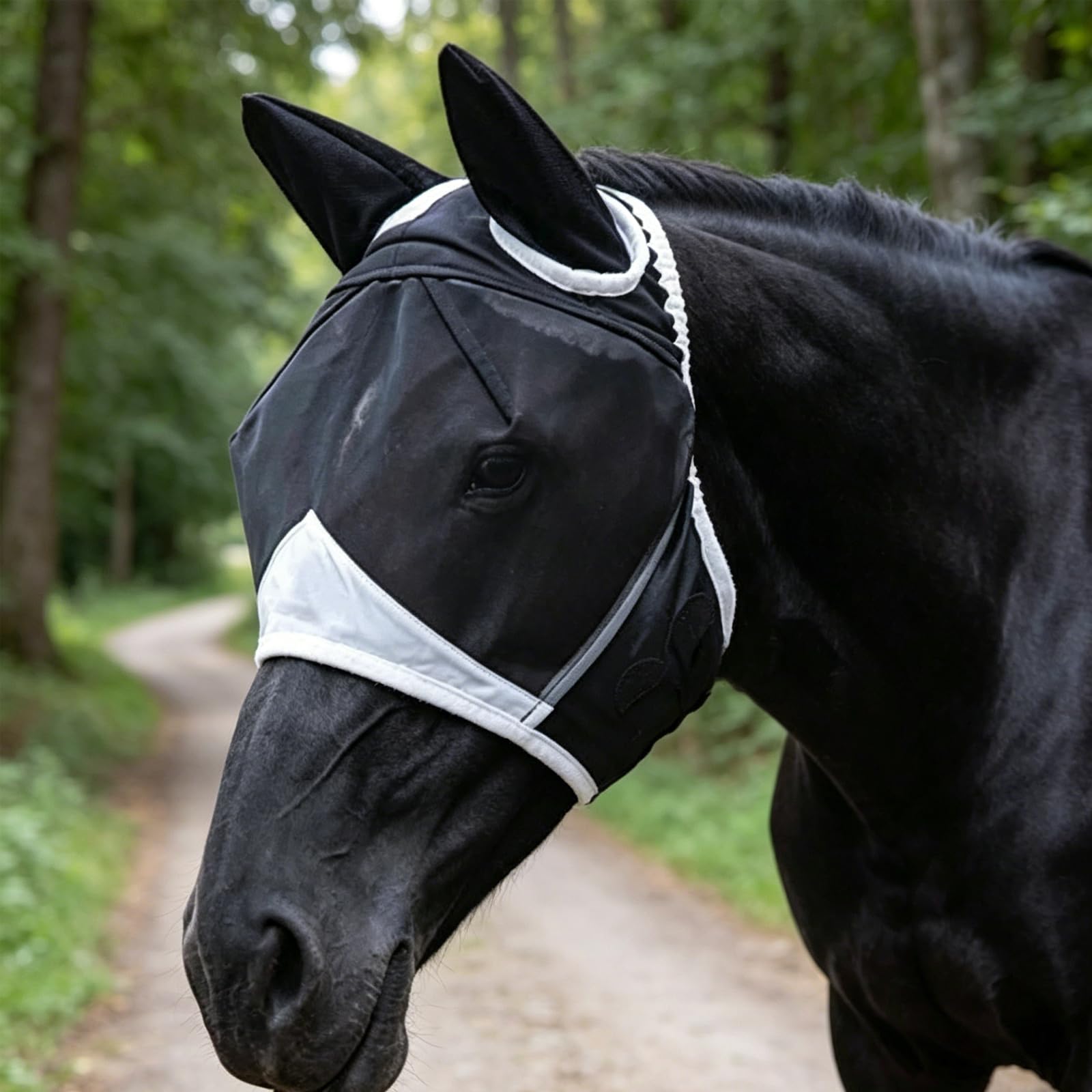 Máscara transpirable para moscas de caballo, máscara de mosca de caballo blanco y negro con orejas, tamaño ajustable (L)