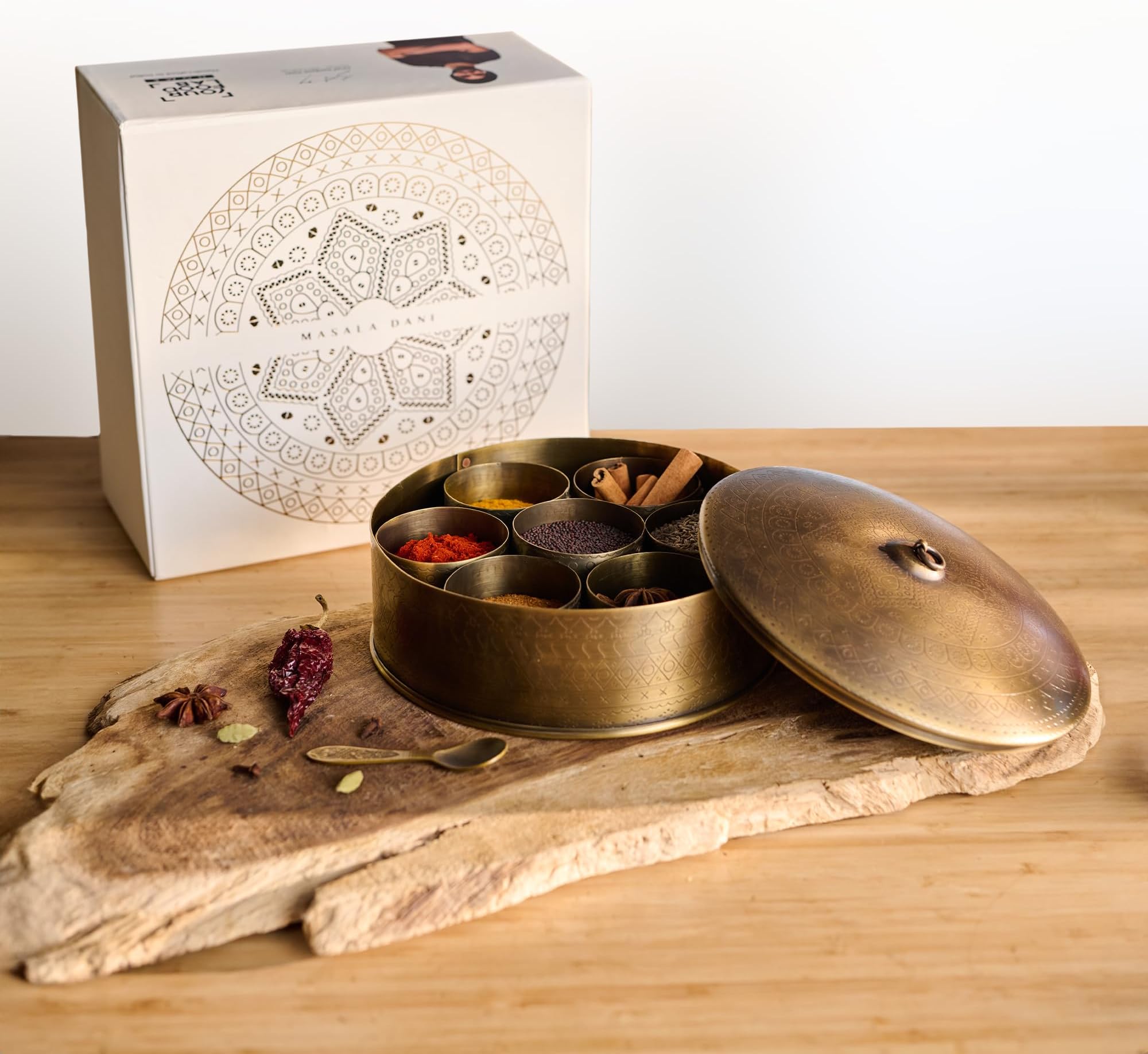 YFL HOME Brass Spice Box for Kitchen with Spoon (Pure Brass, 7 Detachable containers, 100 ML) | Masala box for Kitchen | Spice Storage Container | Stylish Masala Dani for gift