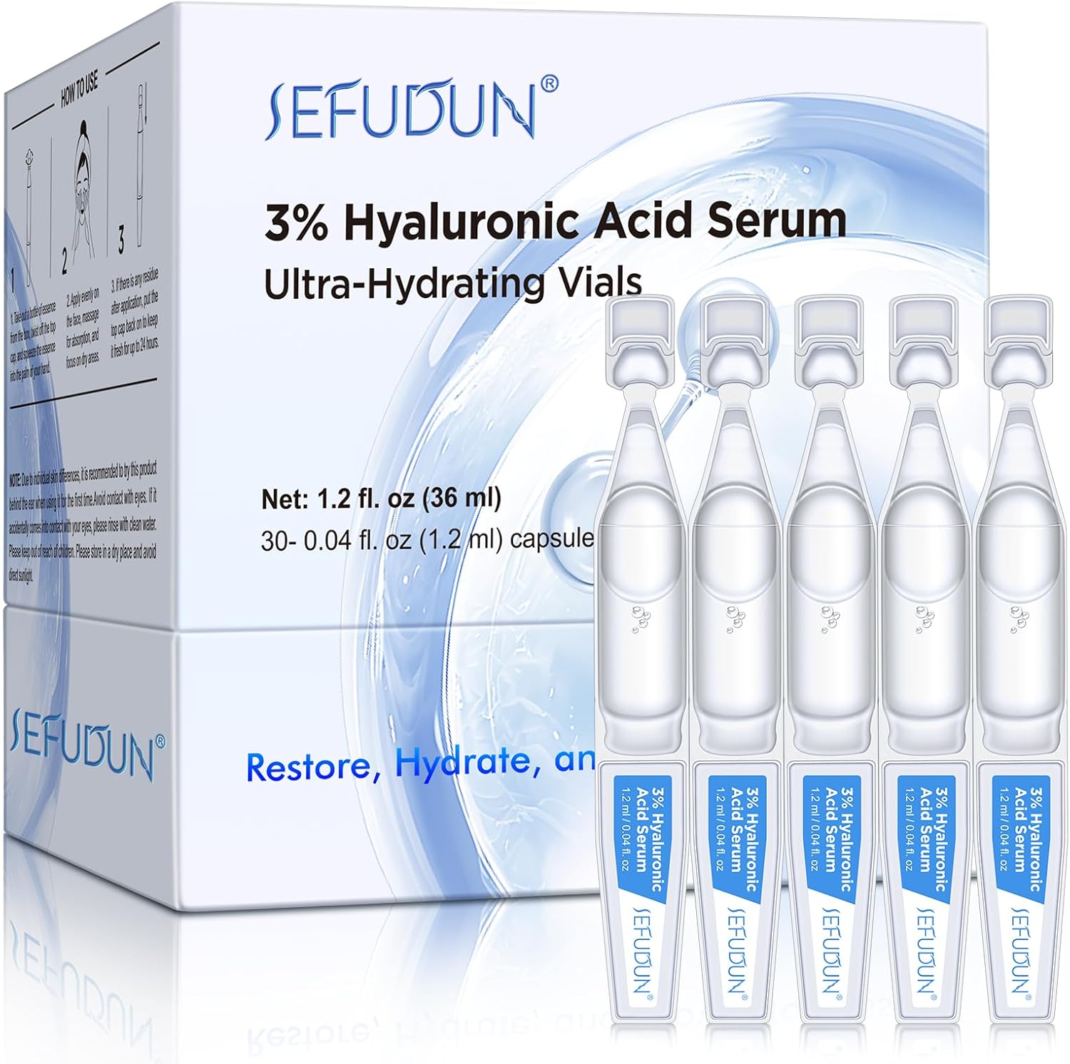 3% Hyaluronic Acid Serum, Hyaluronic Acid Tubes Single-Use Vials Face Anti Aging Facial Serum for All Skin Type, Provides Long-Lasting Hydration & Face Skin Repair Ultra-Hydrating Serum 30Pcs/Box