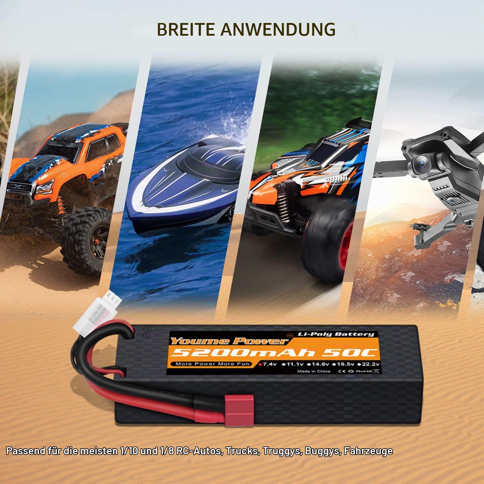 Youme 2S LiPo Akku 7,4V 5200mAh 50C Hardcase T for RC Auto LKW Boot 2Stück | RC Akku 2S 5200mAh Kompatibel mit HPI 1/8 1/10 RC Car Truck Boote, 2 Packungen, Hohe Entladrate, Robustes Hartschalenkoffer