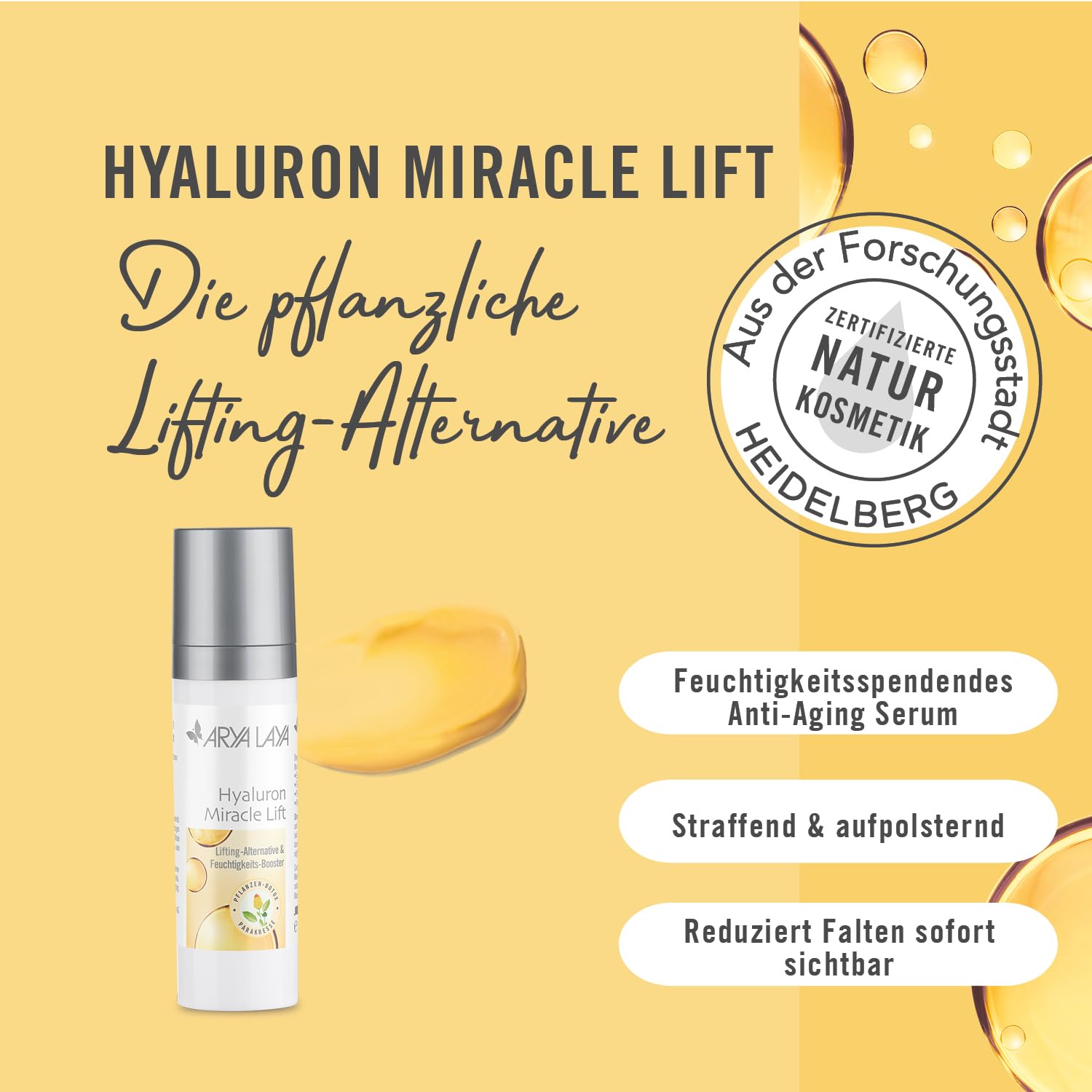ARYA LAYA Hyaluron Miracle Lift, 50 ml | Pflanzliche Lifting-Alternative, Feuchtigkeits-Serum & Hyaluron-Booster mildert Falten, für viele Hauttypen, vegan