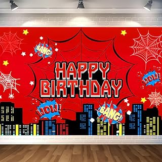 Red Spider Web Backdrop for Birthday Party Decoration, 5 x 3ft Photo Background Banner Red and Blue Cartoon Theme Party Supplies for Boys Baby Shower Wall Decor Photo Booth Props (5 x 3ft)