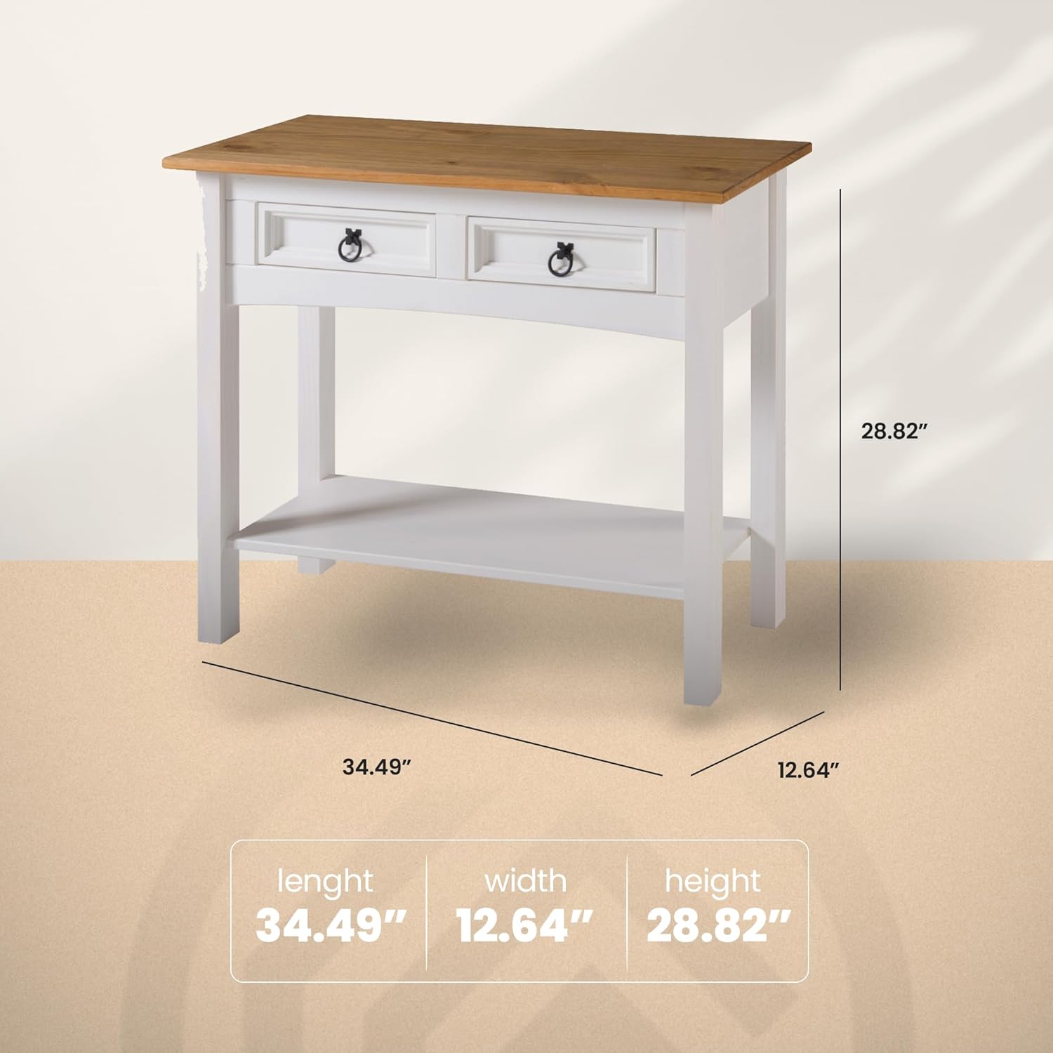 Furniture Dash Solid Wood Hall Table with 2 Drawers 34.4" W, 12.6" D, 28.8" H - Console Table with Fixed Lower Shelf, Farmhouse Hallway Foyer, Office, Bedroom