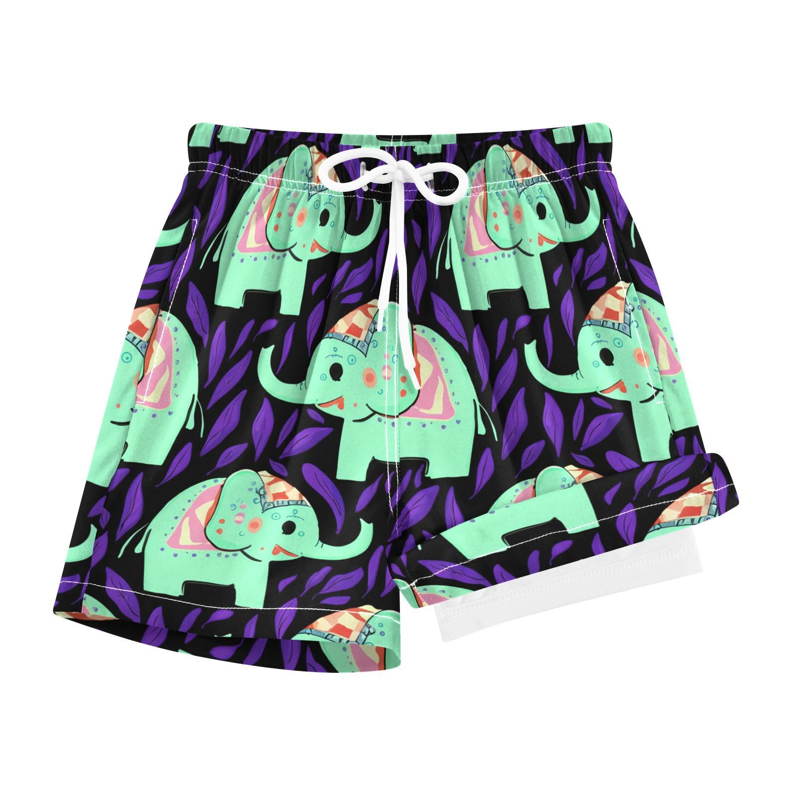 YANENDIE Boy Swim Trunks with Compression Liner Mint Elephants Leaves Boys Swim Shorts Quick Dry Beach Shorts