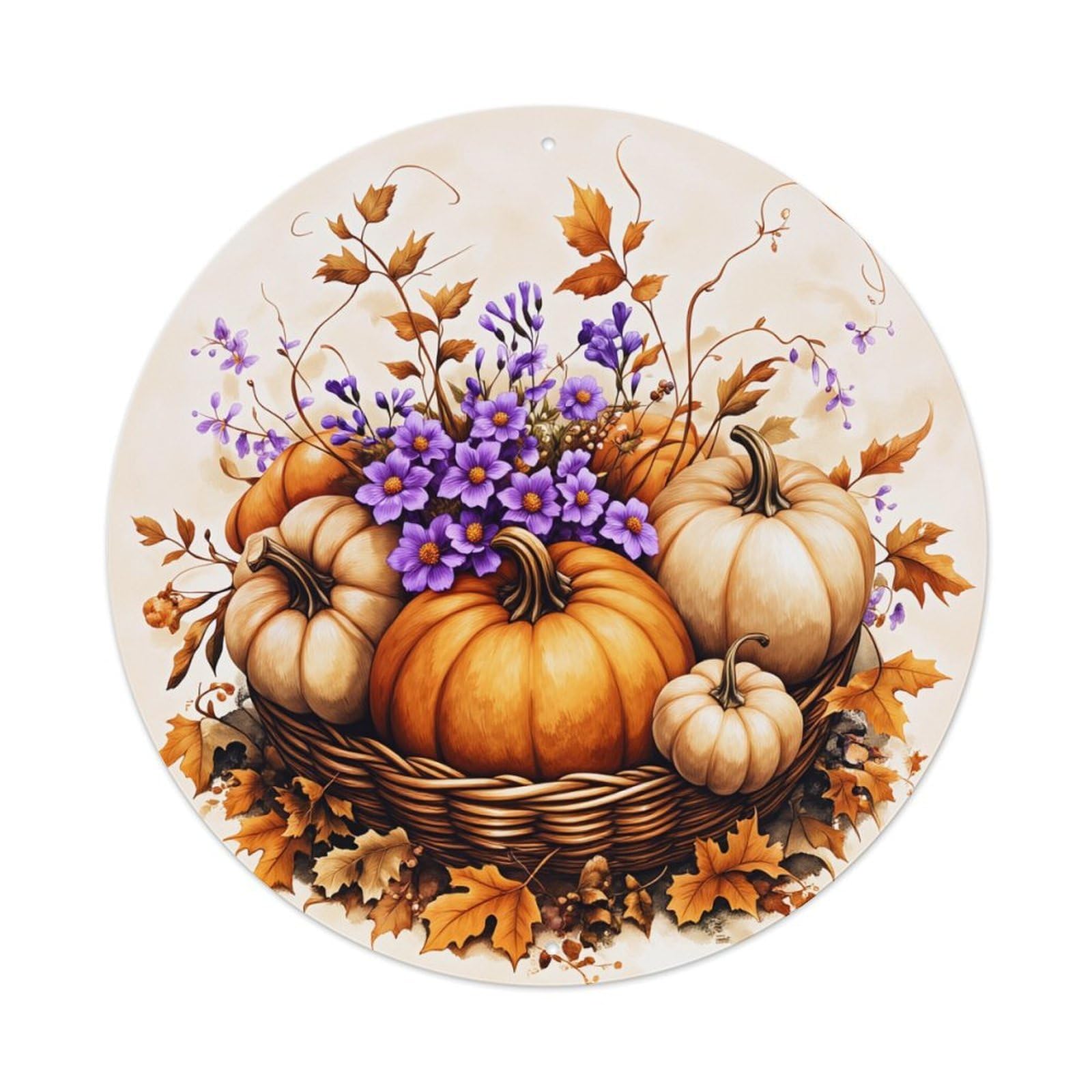 Autumn Pumpkins Flowers Leaves Basket Round Tin Sign Vintage Metal Poster, Home Bar Garage Man Cave Cafe Indoor & Outdoor Wall Decoration 8x8Inches