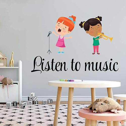 Kelly Wall Decals Lindo niño de dibujos animados cantando vinilo juguetón diseño escuchar música diseño de música decoración de pared dormitorio
