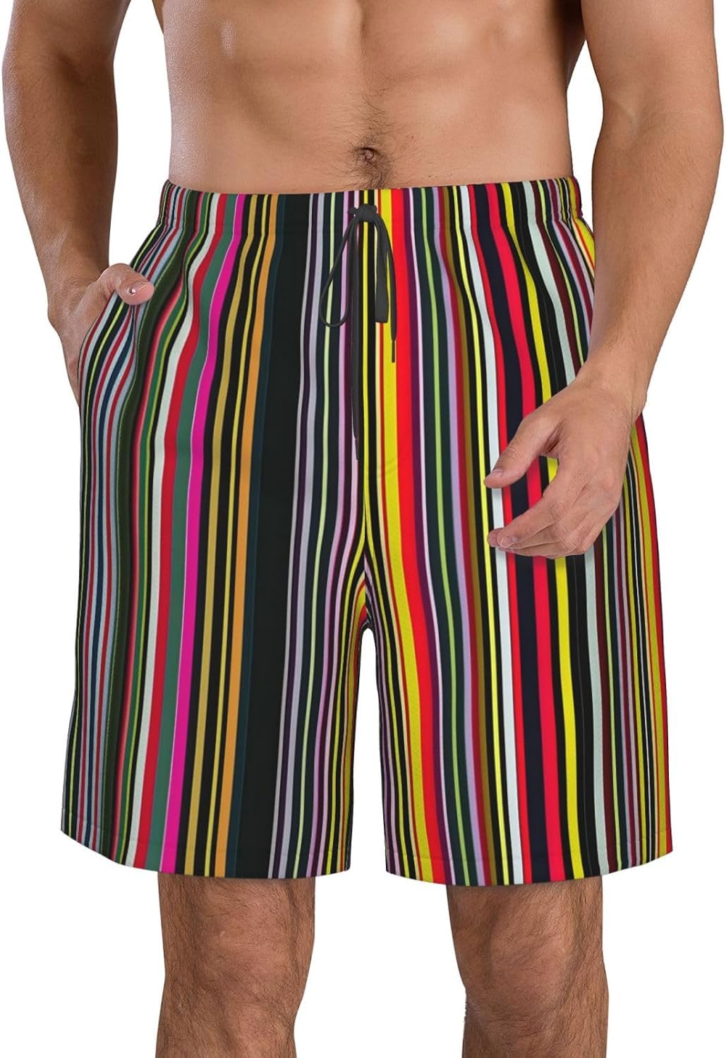 Mens Colored Stripes Vertical Print Beach Shorts,Casual Summer Shorts for Men,Quick Dry Polyester