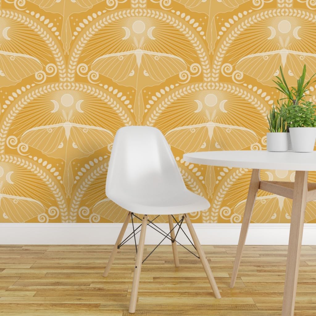Spoonflower Removable Wallpaper Swatch - Golden Luna Moth Art Deco Monochrome Moon Boho Bohemian Custom Pre-Pasted Wallpaper