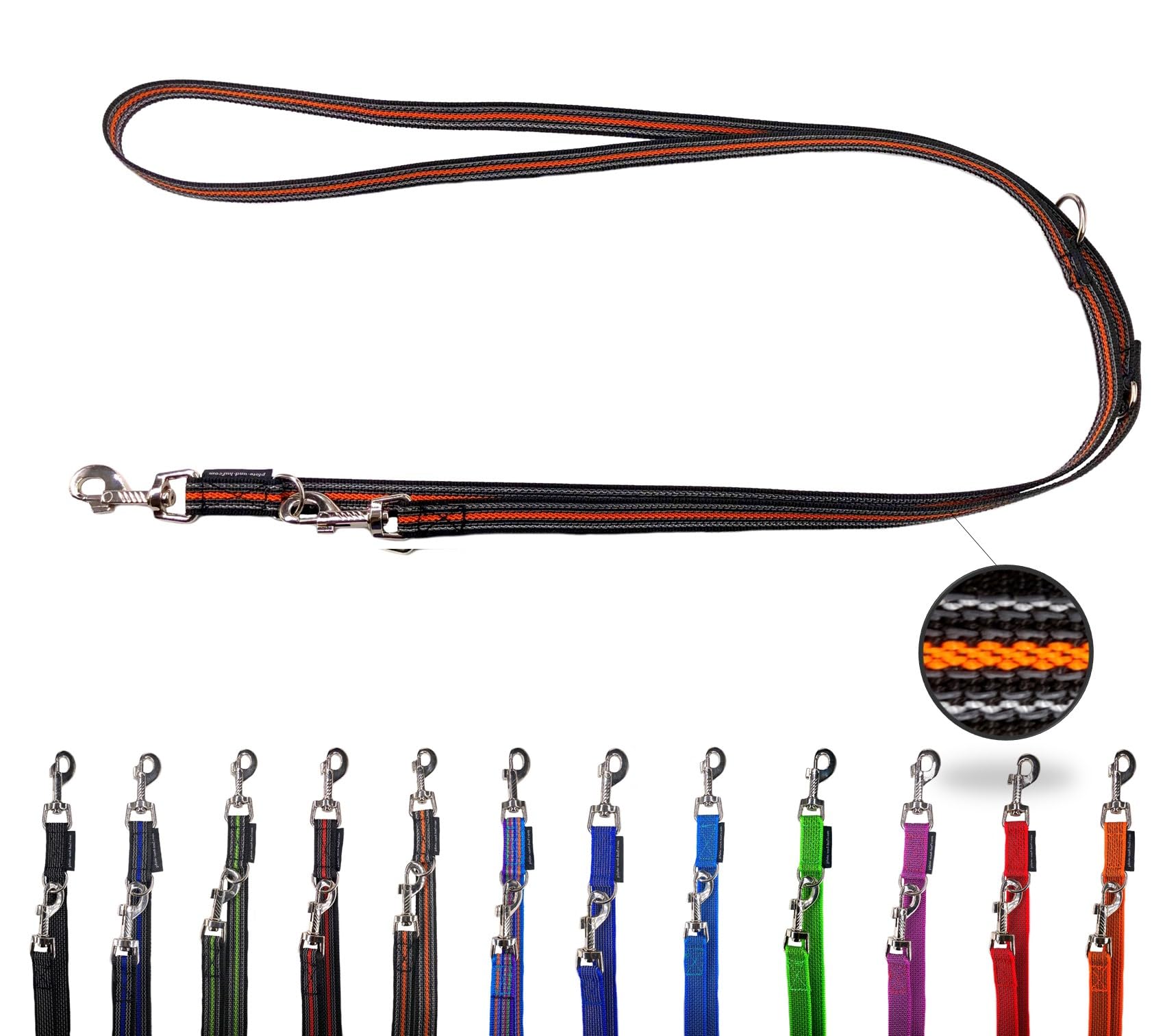 Hundeleine gummiert verstellbar/Doppelleine gummiert für mittlere und große Hunde / 2m / 2,40m / 2,80m / 3,50m / 5m (Schwarz-Orange, 2m)