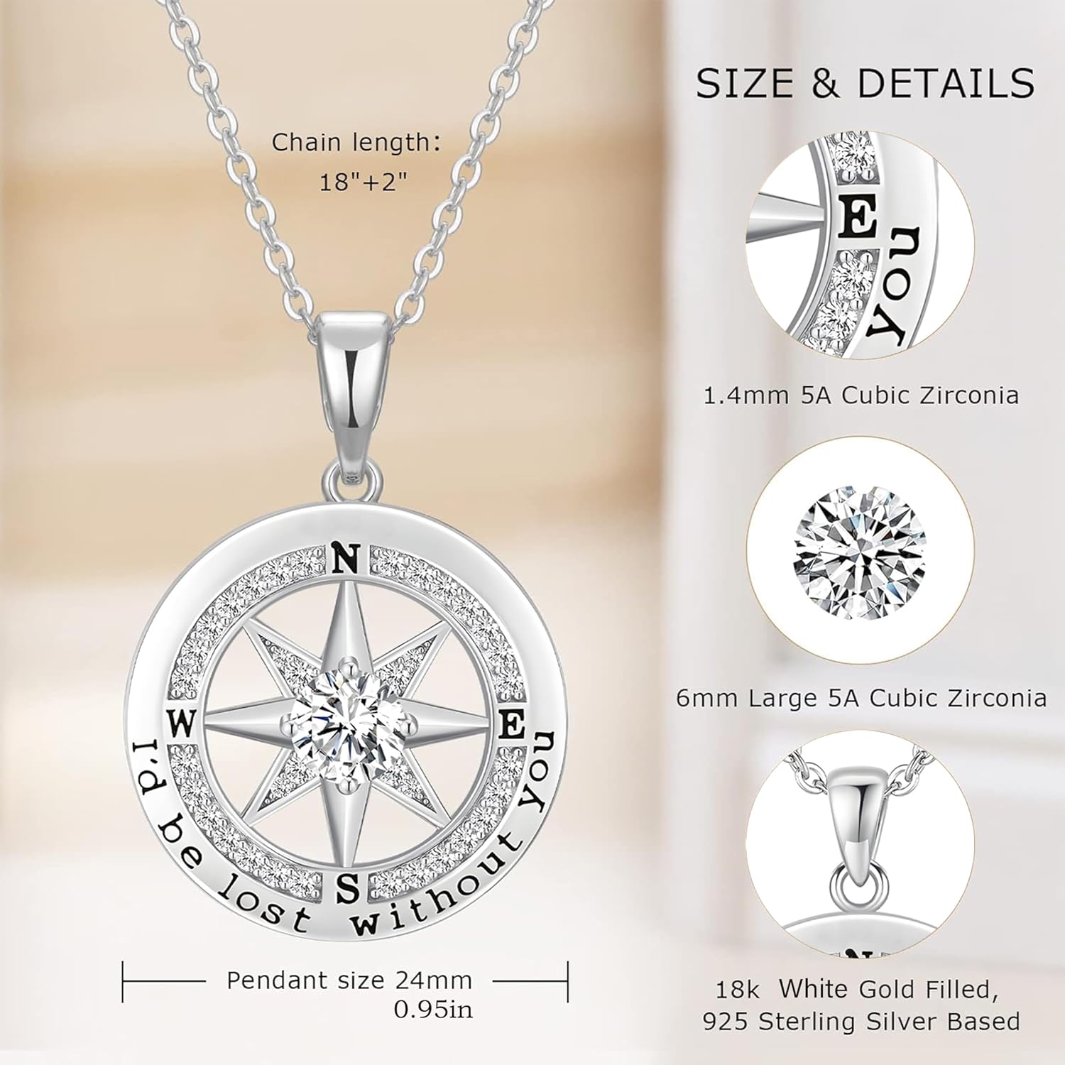 To My Wife Necklace From Husband Compass Necklace For Women Soulmate Future Wife Girlfriend Jewelry Birthday Christmas Valentine's Gifts With Message Card & LED Box - Image 4