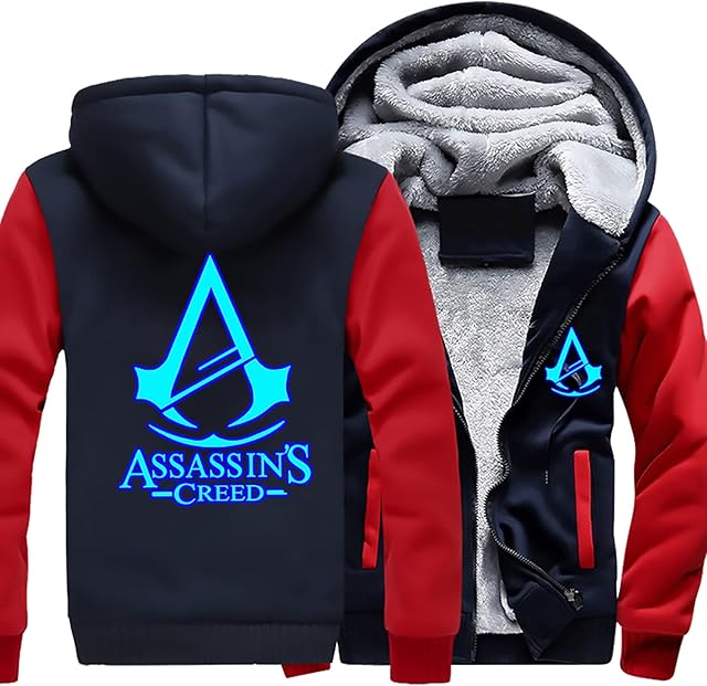 JISIWEI Mens Hoodies Zip Up Assassin Creed Winter Warm Fleece Jackets, Long Sleeve Casual Sweatshirt for Hiking Outdoor-Blue 1||XL