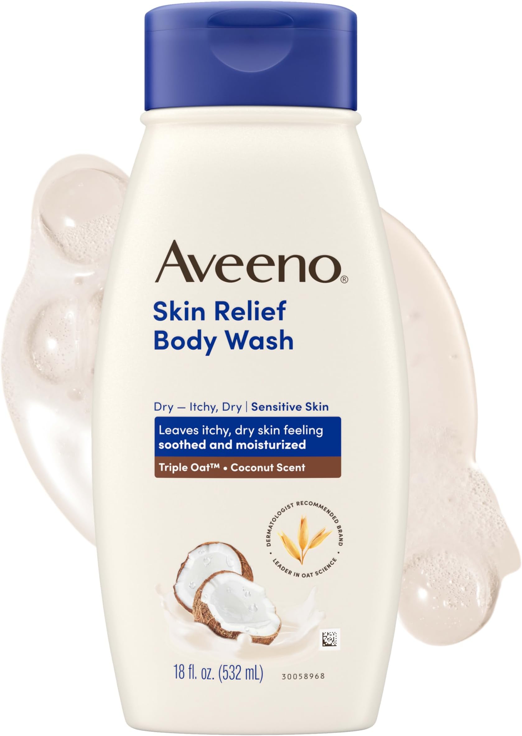 Aveeno Skin Relief Body Wash for Dry Skin, Gentle Coconut Scent and Soothing Triple Oat Formula, Moisturizing Body Wash Leaves Itchy, Dry Skin Cleansed & Feeling Soothed & Moisturized, 18 Fl Oz