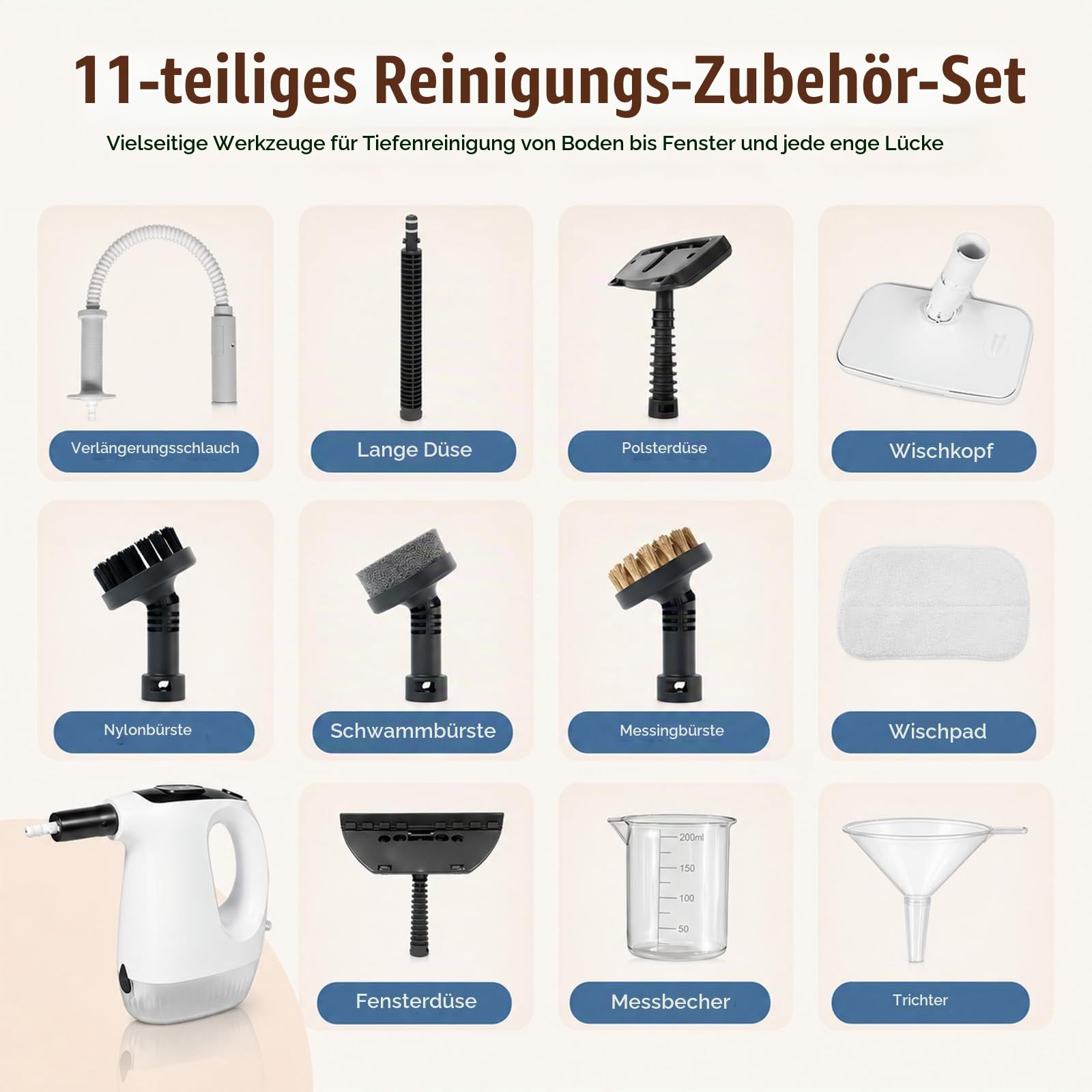 Dampfreiniger multifunktional, mit abnehmbarem Handdampfreiniger, 15S Schnelle Aufheizung Dampfwischer, 3 Dampfstufen, 11 Zubehörteile, 500ML Tank, für Böden, Fliesen, Teppiche, Küche und Fenster