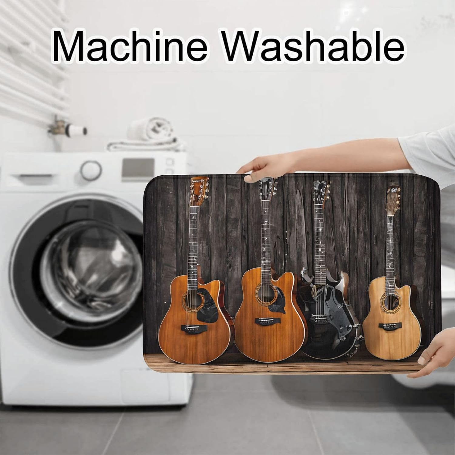 Guitar Bass Music Musical Instruments Print 3pc Bathroom Rug Set, Soft Flannel, Non-Slip, Absorbent Bath Mat, Contour & Lid Cover, Hand Wash