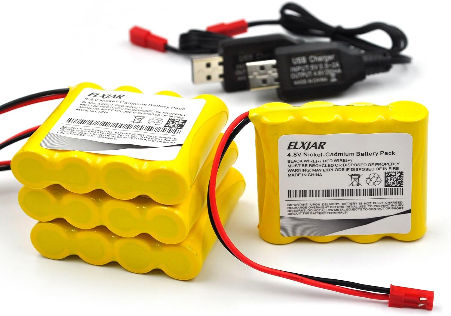 (4-Pack) 4.8V 800mAh Ni-CD Battery Pack with JST Plug & USB Charger for Kolegend 1/18 RC Excavator, Huina 1331 Remote Control Hydraulic Digger
