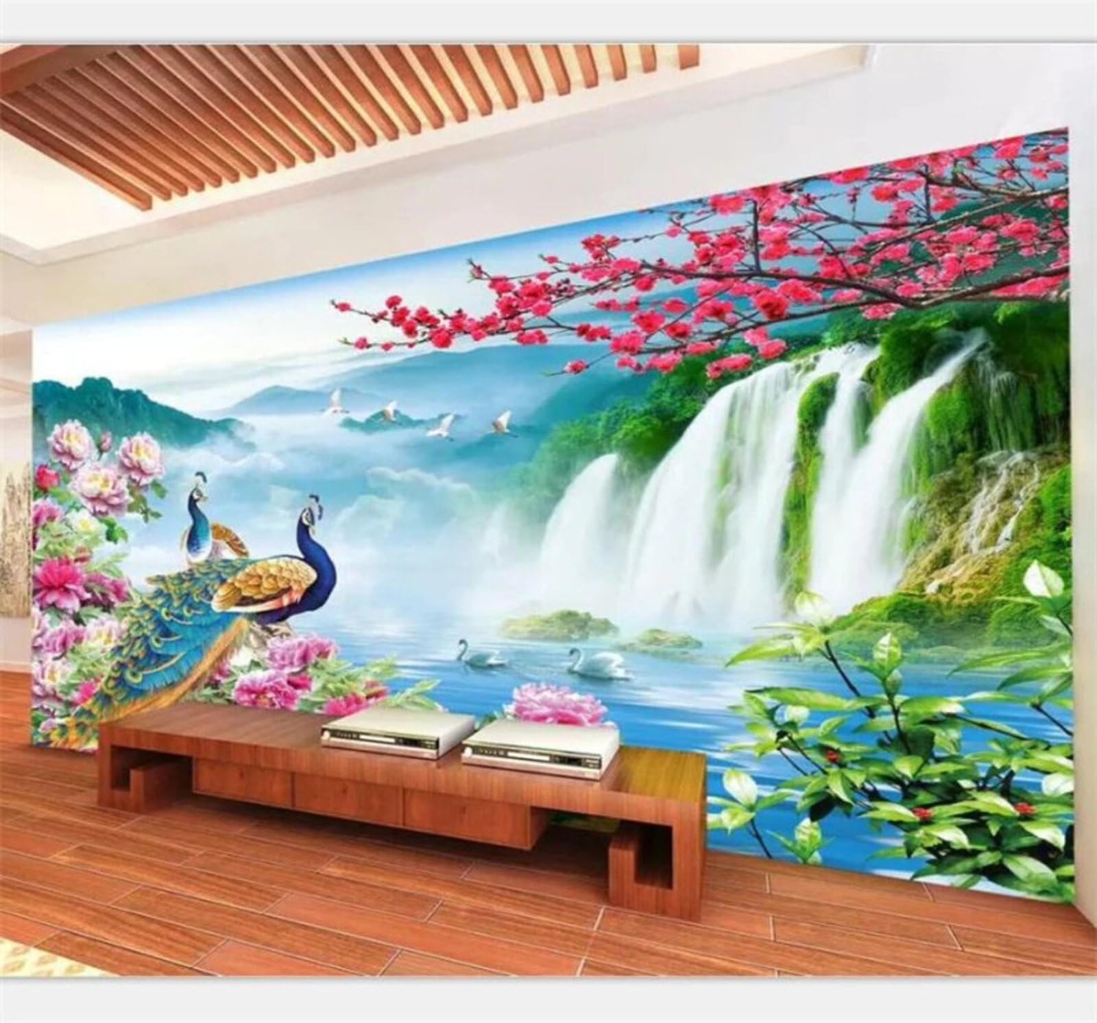 Xlming 200Cm×140Cm(B×H) Beautiful Landscape Waterfall Peacock Fairyland 3D Wallpaper Luxury Home Dining Decor Paste Sofa Living Room The Wall For Bedroom Mural-200Cm×140Cm