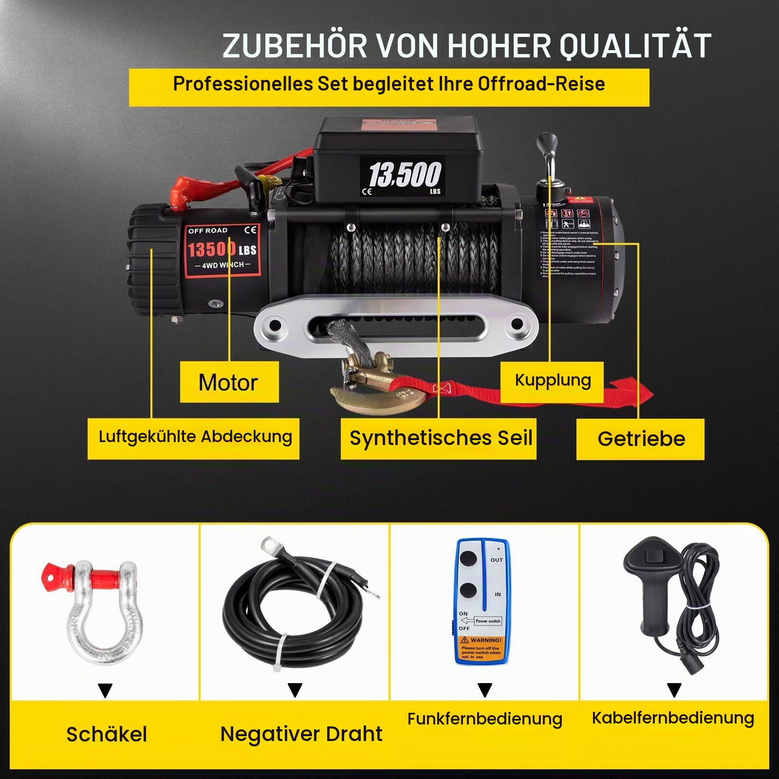 Elektrische Seilwinde 12V 6123 kg/13500 lbs Motorwinde mit 24 m Synthetisches Seil und Drahtlose Fernbedienung, Elektrowinde für Quad Jeep SUV Anhänger Boot
