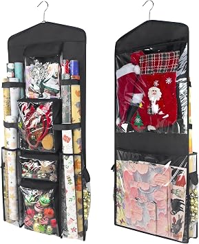 Wrapping Paper Organizer, Double-Sided Hanging, Over Door Gift Wrap Storage with Multiple Pockets, Side Pockets, Elastic Straps, Organize Ribbons, Bows, Tools, Space-Saving Closet,Cabinet Design,Black