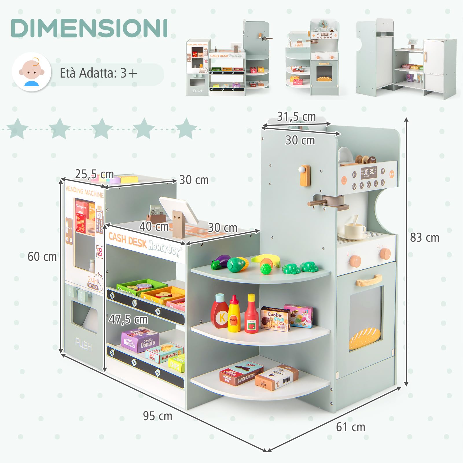 RELAX4LIFE Set di Giocattoli per il Supermercato in Legno, Supermercato per Bambini con Bancone Cassa, Distributore Automatico, Macchina da Caffè, Forno e Accessori Alimentari, per Bambini 3+ Anni