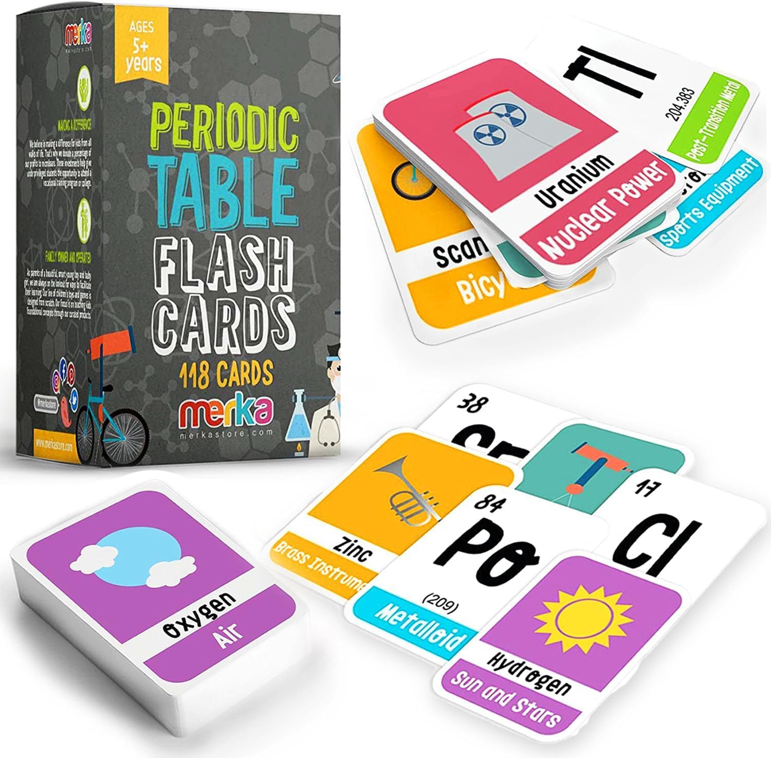 merka 118 Kids Periodic Table of Elements Flash Cards with Beautiful Images Representing Each Chemistry Element - Educational Science for Kids