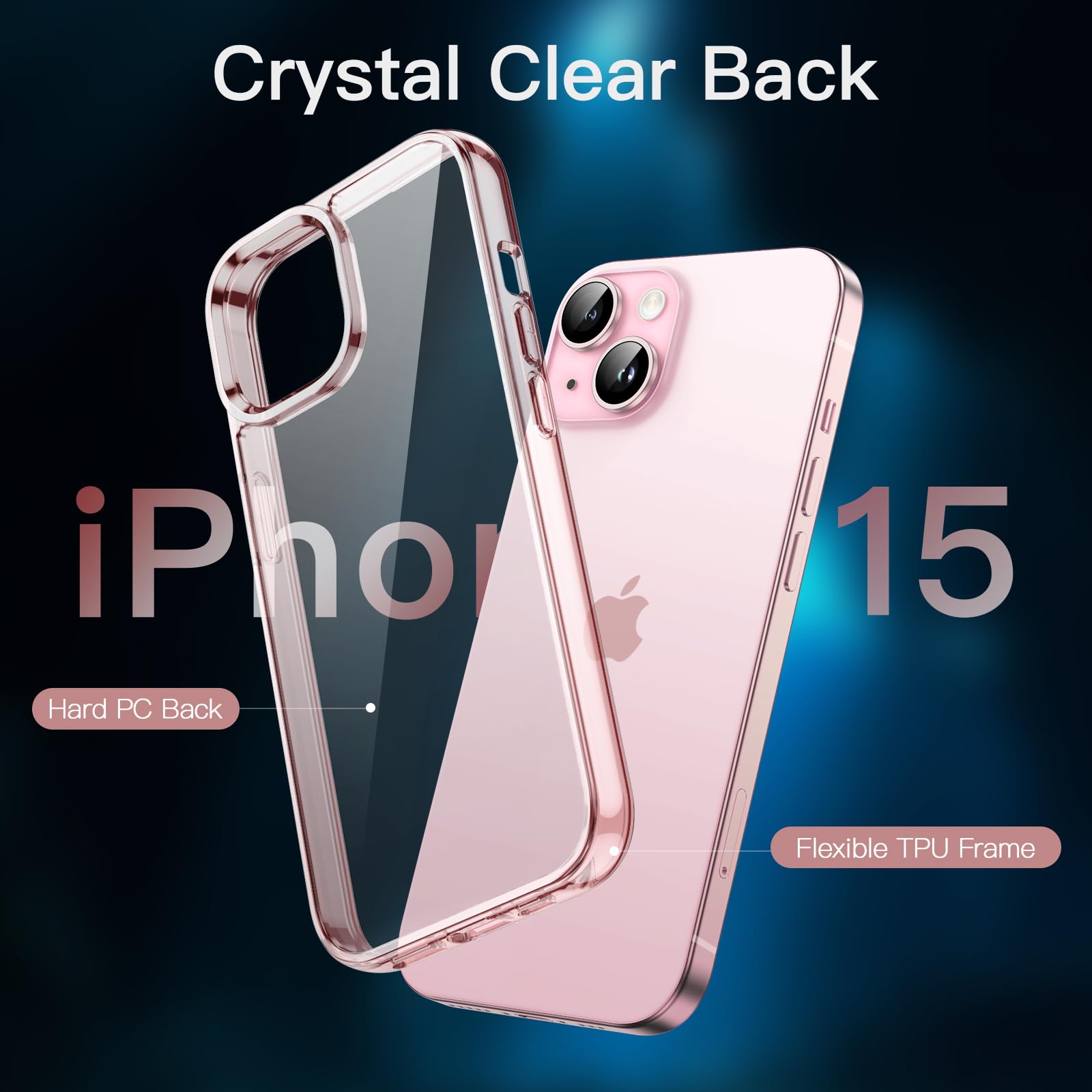 Kit Completo Protección IPhone 15 JETech 5 En 1 - Funda Transparente + 2 Cristales Templados + 2 Protectores Cámara