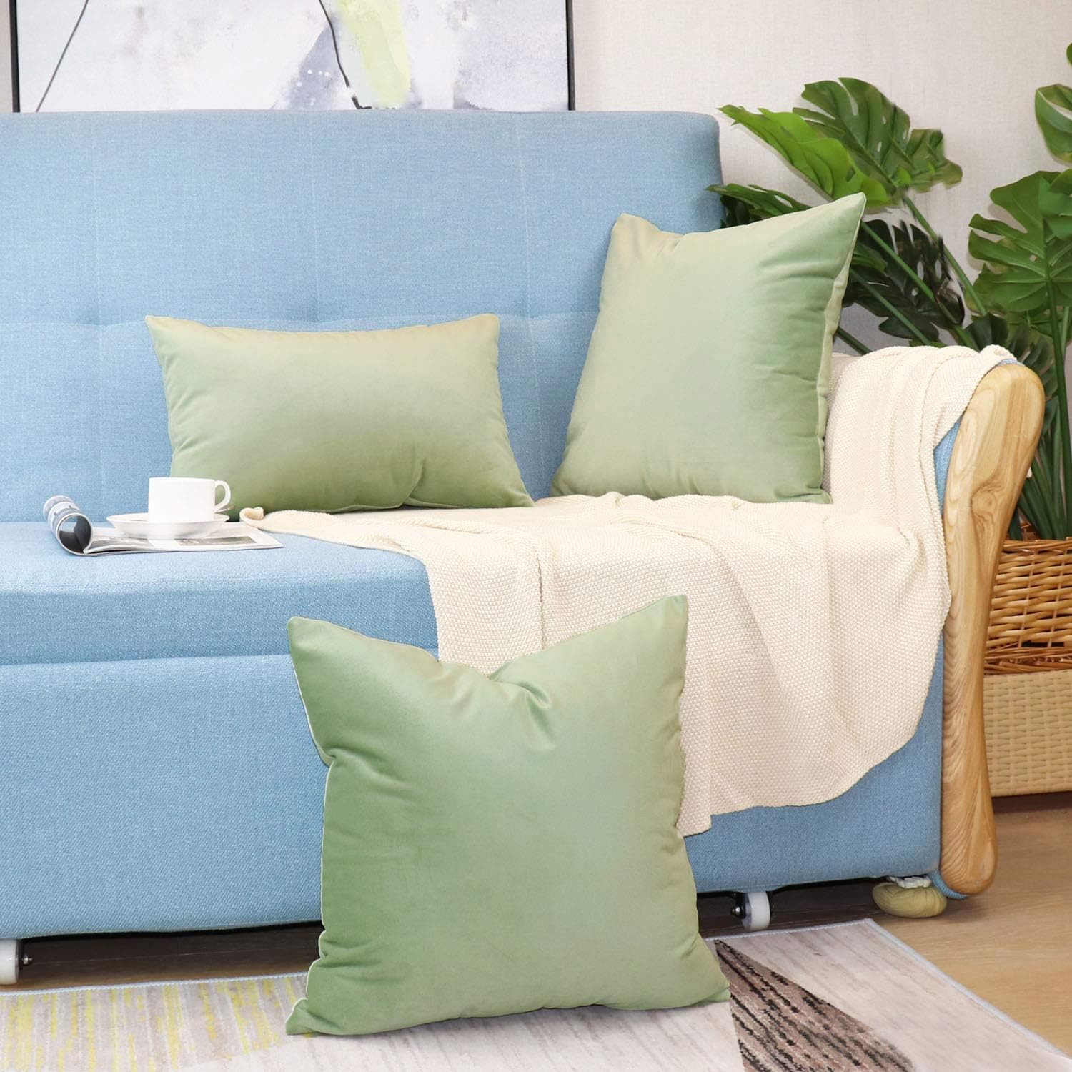 sykting Decorative Pillow Covers Solid Soft Cozy Velvet Throw Pillow Covers for Home New Year Christmas Decorations 16x16 inch Pack of 2 Bean Green