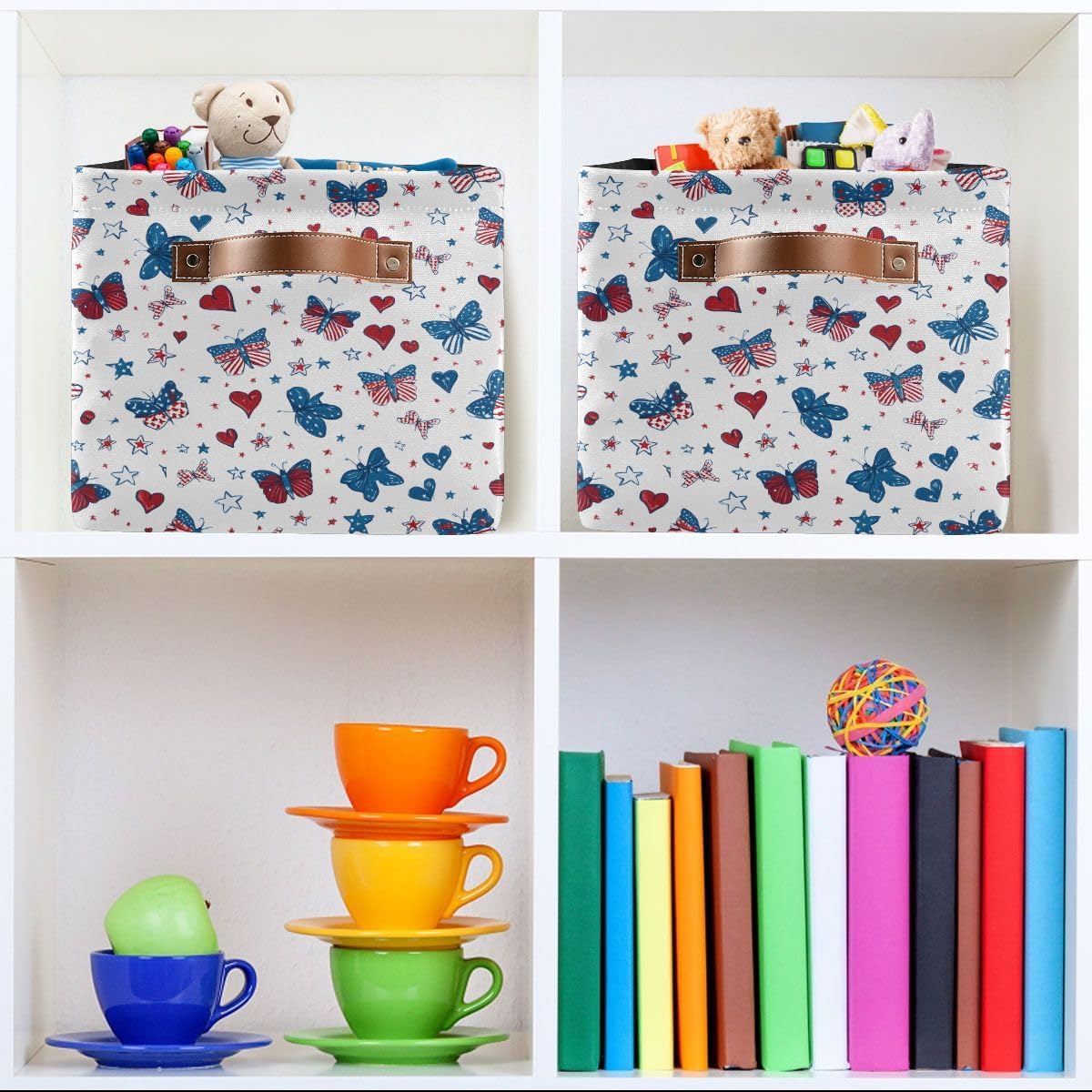 Butterfly Hearts Stars Flag Pattern Storage Basket,Large Storage Bin Fabric Collapsible Organizer Bag with Handles 15x11x9.5 inch