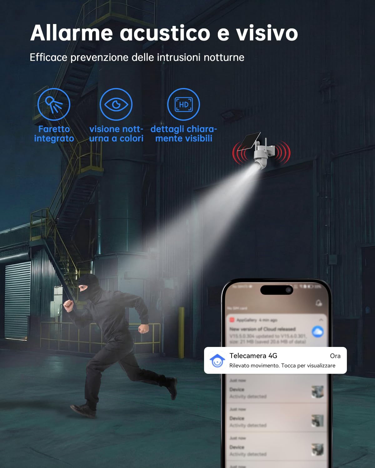 Tical 24/7 Registrazione AOV 4G Telecamera Esterno con SIM, 2.5K/4MP HD | Telecamera Solare con Batteria 9000mAh Pannello Solare, AI Rilevamento Umano, 360° PTZ Visione Notturna a Colori, IP65,Bianco