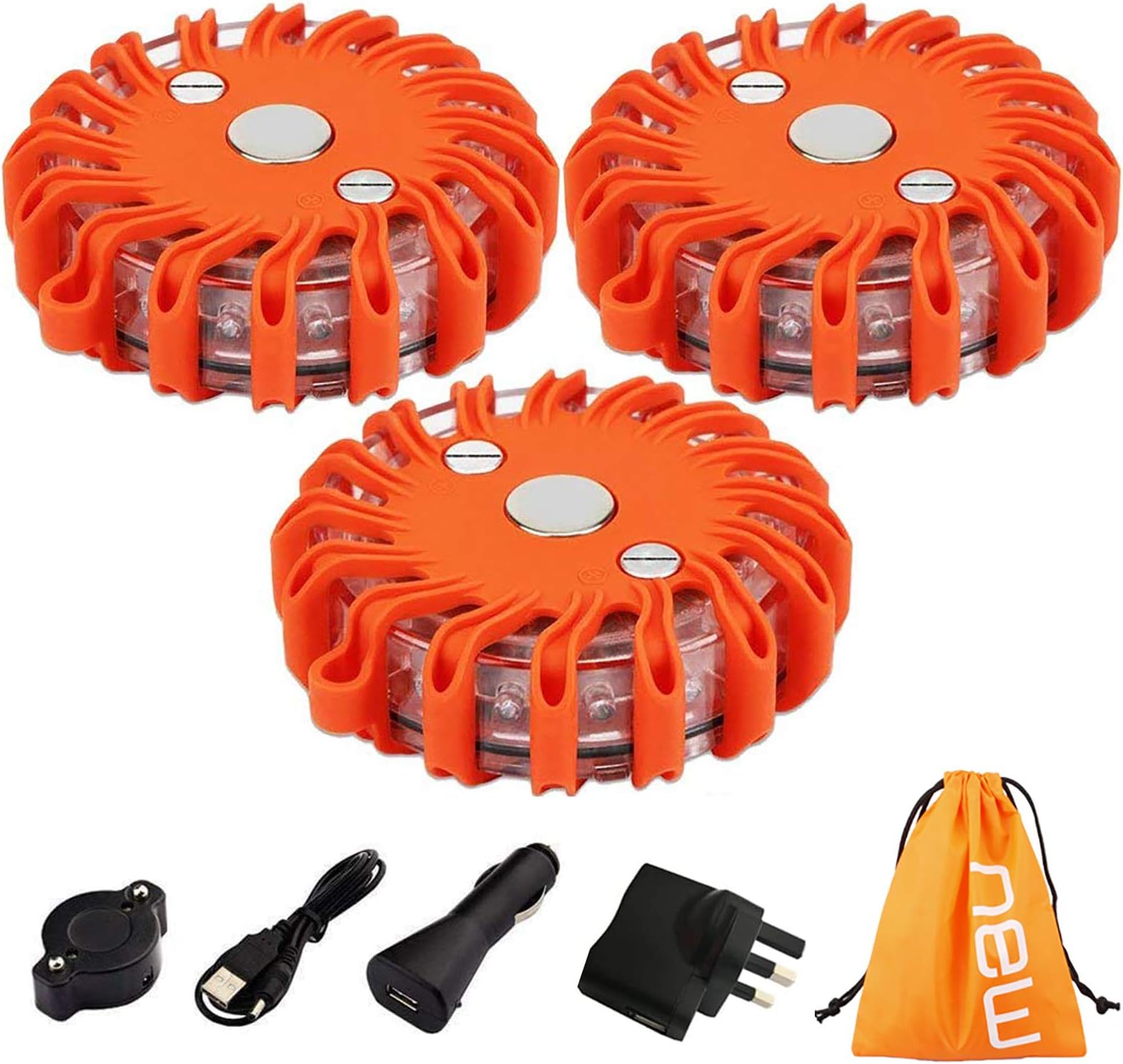 Flashing Warning Lights, 3 Pieces Rechargeable Emergency Breakdown Lights, Orange Hazard Light, Magnetic Flashing Light, Led Beacon for Traffic accidents, Breakdowns, Road & Water Hazards