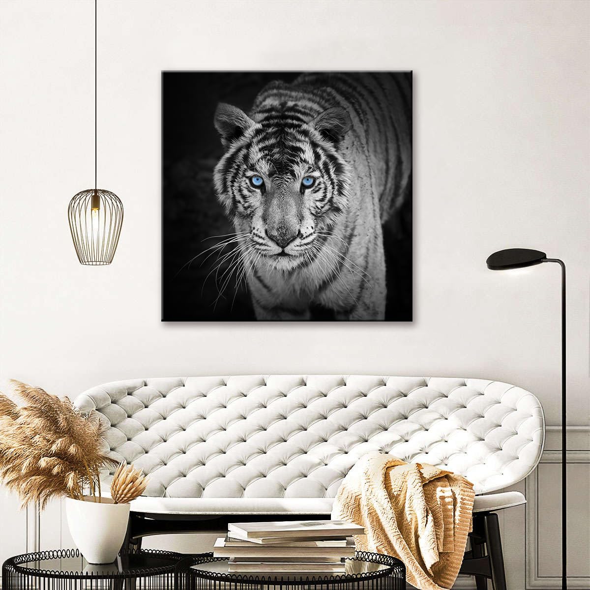 SEVEN WALL ARTS White Tiger Canvas Wall Art Black and White Animal Painting Picture Modern Wildlife Tiger with Blue Eyes Photography Poster Print Framed Artwork for Home Office Living Room Bedoom
