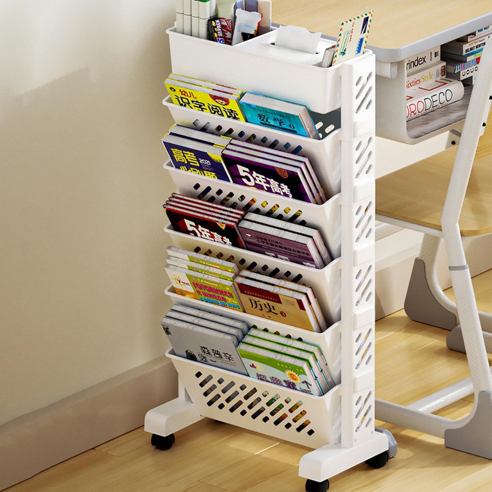 Estantería Móvil, Carrito De Estantería Móvil De 6 Niveles Con Ruedas, Revistero, Carritos De Libros Con Ruedas, Estantería Extraíble Multifuncional, Estante De Organización Rodante Compacto Y Práctic