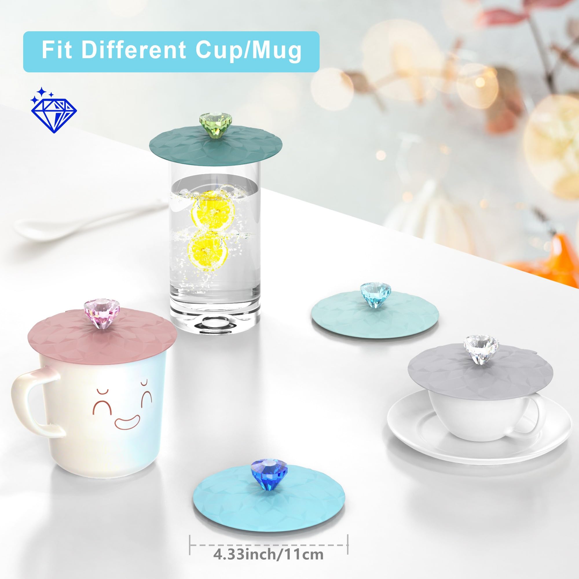 Drink Covers, Silicone Cup Covers, Silicone Lids for Cup, Mug, Wine Glass, Anti-dust Airtight Seal Heat Resistant Mug Lids(Gray-Turquoise-Blue-Teal-Power)