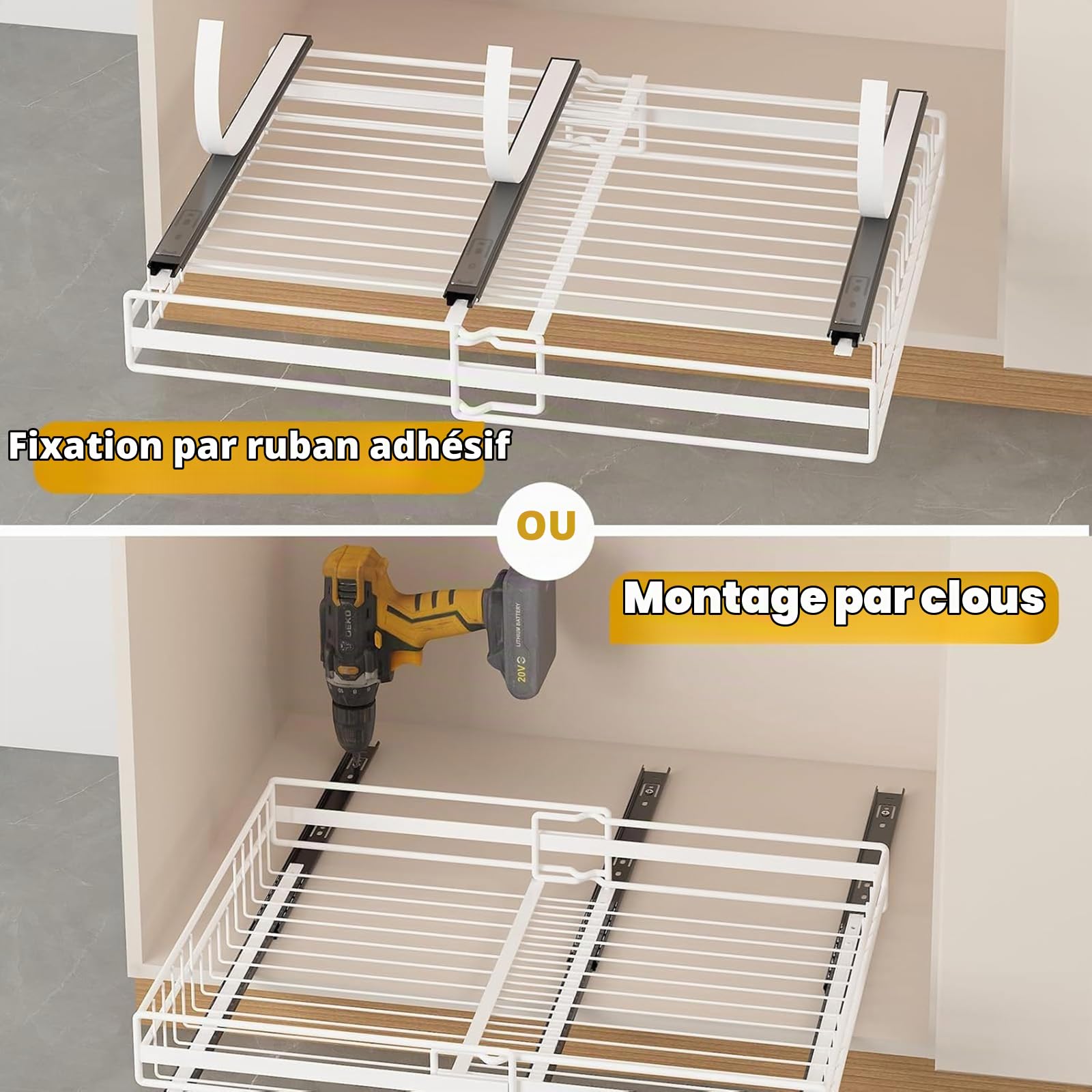 Lot de 2 Organiseurs Tiroirs Coulissants Cuisine Avec Adhésif | Largeur Réglables Extensibles à 3 Rails Coulissants Organisateurs Placard Extensibles, Autocollants/Forage (Blanc) (M+L-Set)