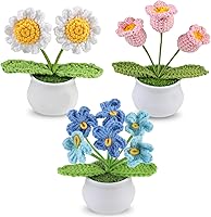 Aeekkya 3pcs Handmade Crochet Flower Pots - Daisy, Lily of Valley, Forget-Me-Not Desk Decor, Ideal Mother's Day Gift for Mom, Teacher