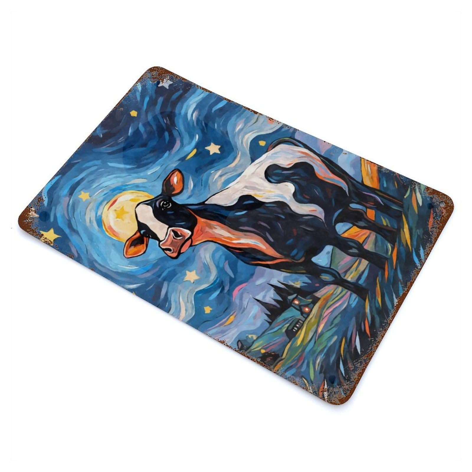 Rusty Metal Tin Sign Cow Starry Night 11.8"x7.9", Industrial Home Decor for Patio, Garden Room And Bar Decor