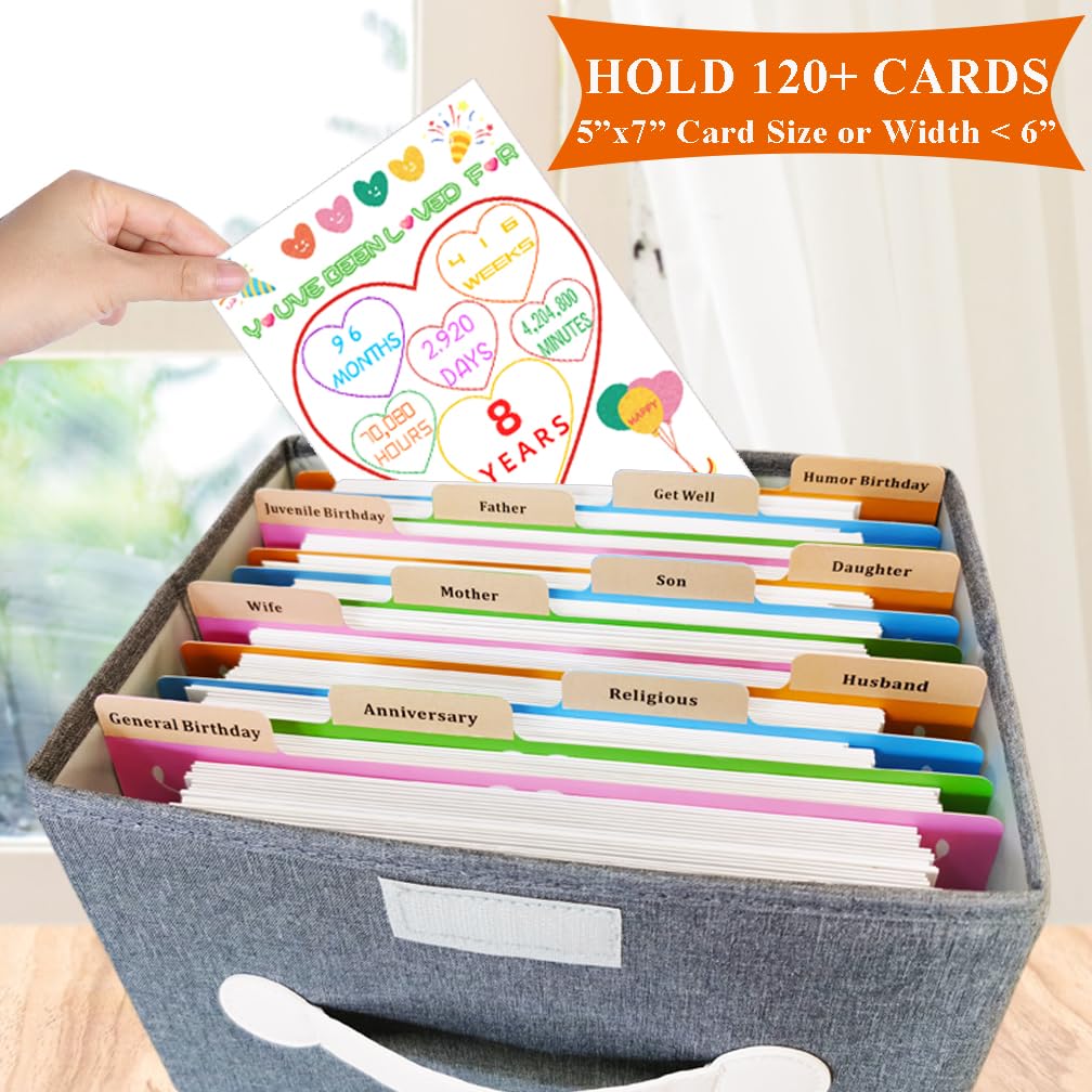 Greeting Card Organizer & Storage Box with 16 Pcs Adjustable Dividers, Storing 120+ Cards with 84 Pcs Labels (Grey - 1 Pack)