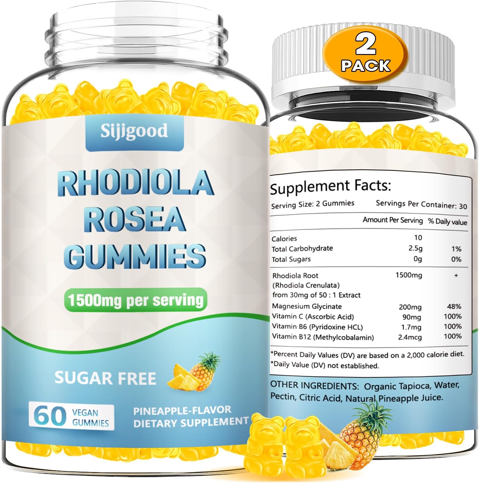 2 Pack Sugar-Free Rhodiola Rosea Gummies, Adaptogenic Rhodiola Rosea Supplement & Cortisol Blocker for Enhanced Stamina, Mood Elevation, and Motivation Boost, Non-GMO, Vegan, 120 Count